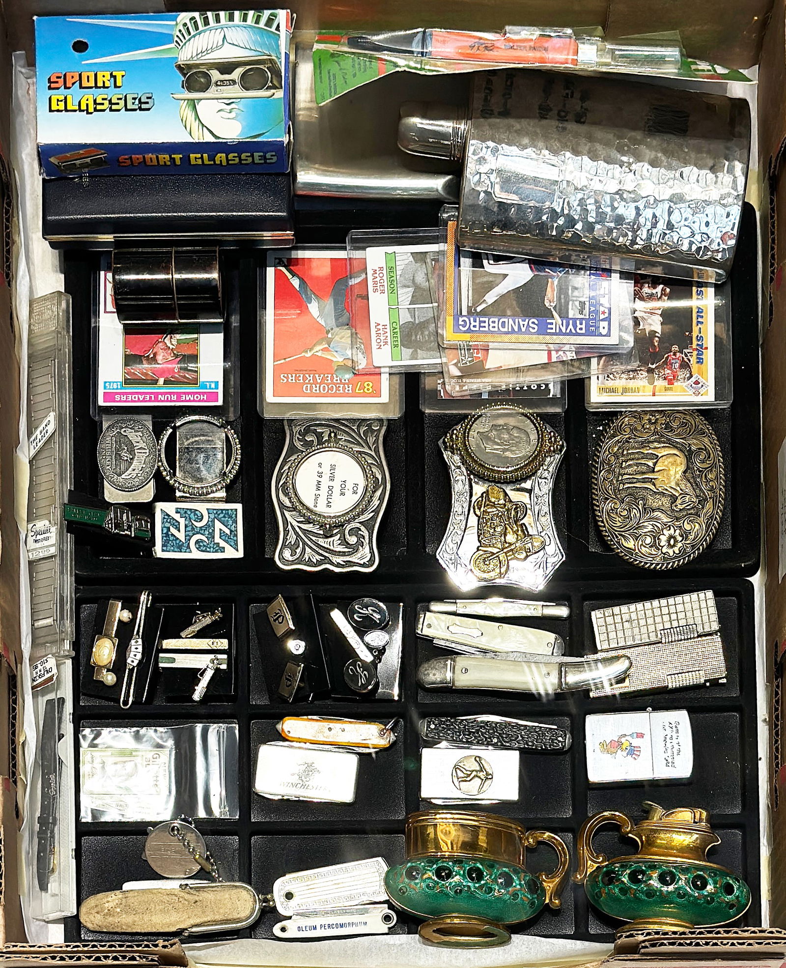 Lot of Vintage Mens' Accessories & Collectibles.: This lot includes a total of 48 items. There are pocket knives, cuff links, tie clips, money clips, belt buckles, sports cards, flasks, watch bands, lighters, binoculars, and a sealed Walter Payton So