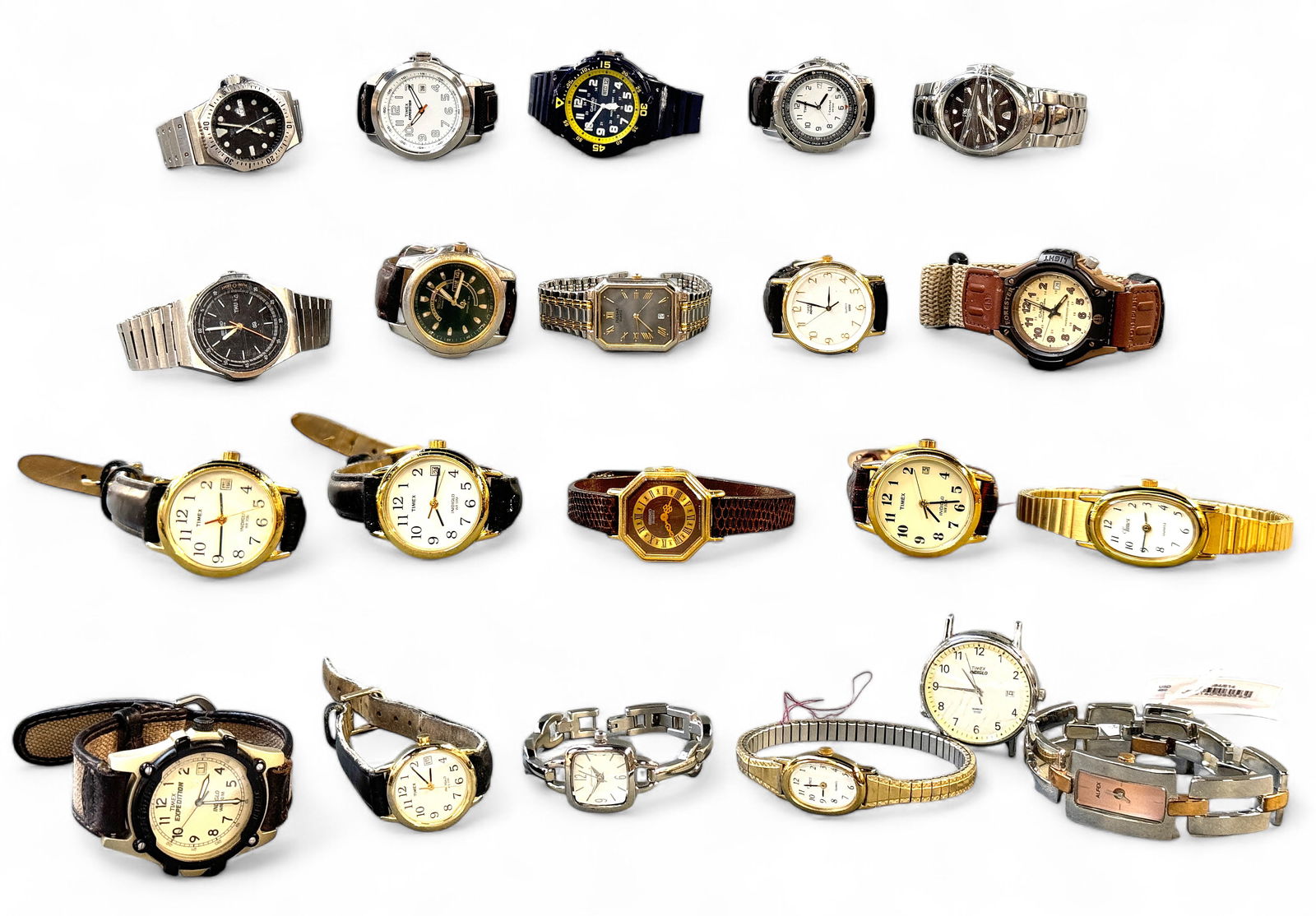 Lot of 20 Wristwatches - Pulsar, Seiko, Esq, Etc.: The lot consists of 20 wristwatches, both vintage and modern. The brands included are Timex, Seiko, Pulsar, Casio, Esq, Eddie Bauer, and Alfex. The smallest case in the lot measures 19mm x 19mm, and t