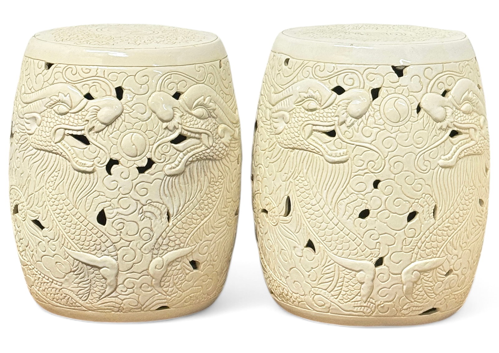 Pair of Beige Asian Garden Stools w/ Dragons. (1 of 5)
