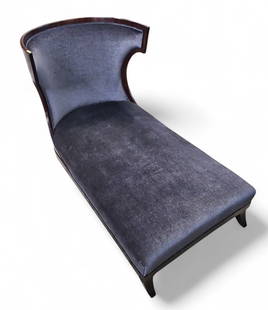 Jacques Garcia for Baker Atrium Chaise Lounge.: This modern chaise lounge has grey mohair upholstery and a polished mahogany frame. It has a high back on a low wood frame. It is very sturdy and comfortable. It has some small scratches on the frame,