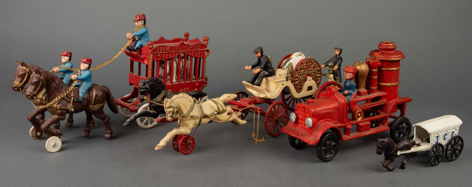 4 Lg Cast Iron Toys - Overland Circus, Fire Truck. (1 of 10)