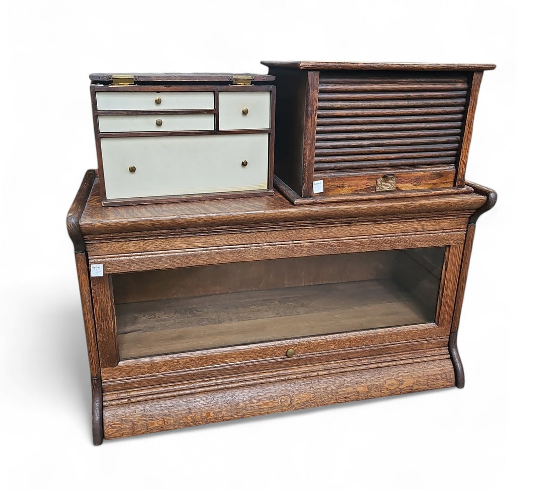 Lot: Barrister Bookcase, Roll Top Cabinet & Chest (1 of 2)