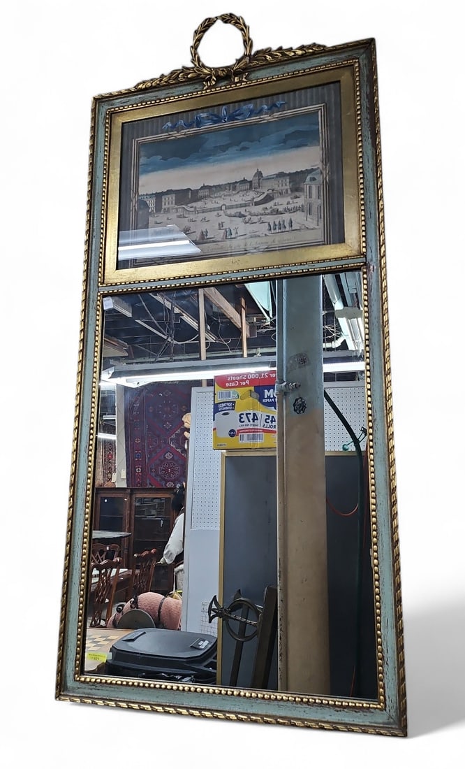 French Trumeau Mirror w/ Hand-Colored Engraving. (1 of 2)