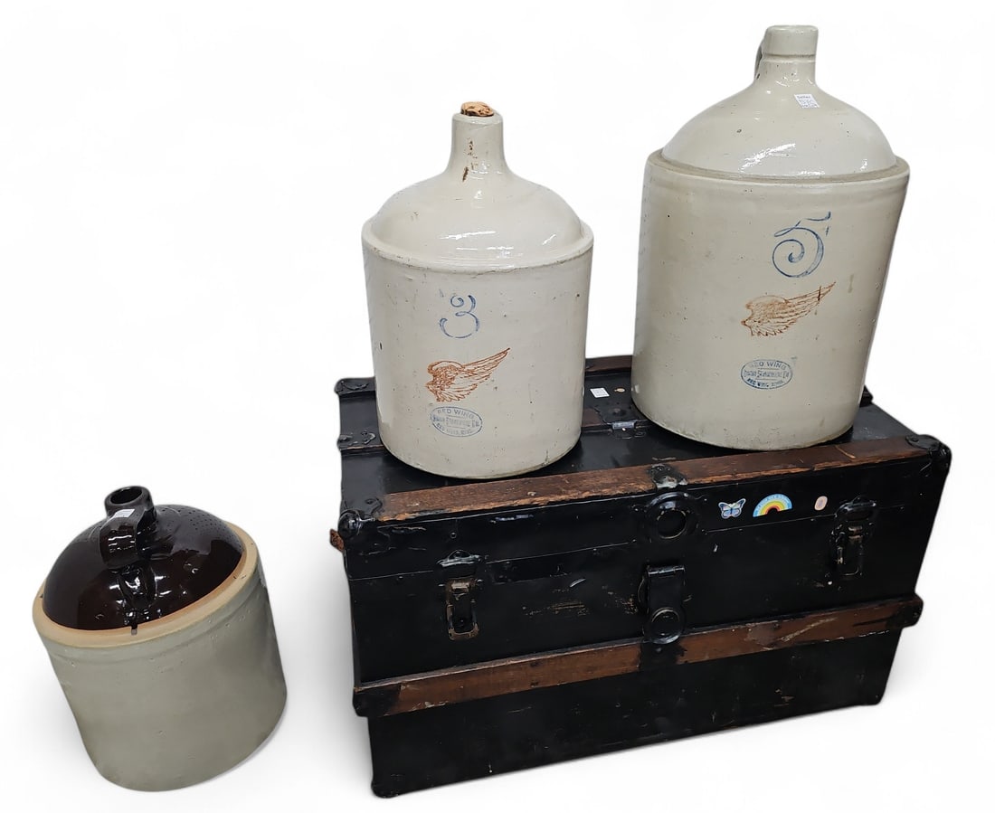 Antique Wood & Metal Chest, Red Wing Jugs / Crocks (1 of 3)