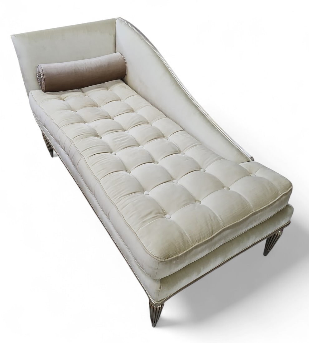 Decorative Upholstered Chaise Lounge.: This button tufted beige chaise lounge has a bolster pillow, gold painted frame, and fluted legs. It is in good condition with only minor wear, and is very comfortable. It measures 62" wide, 32" deep,