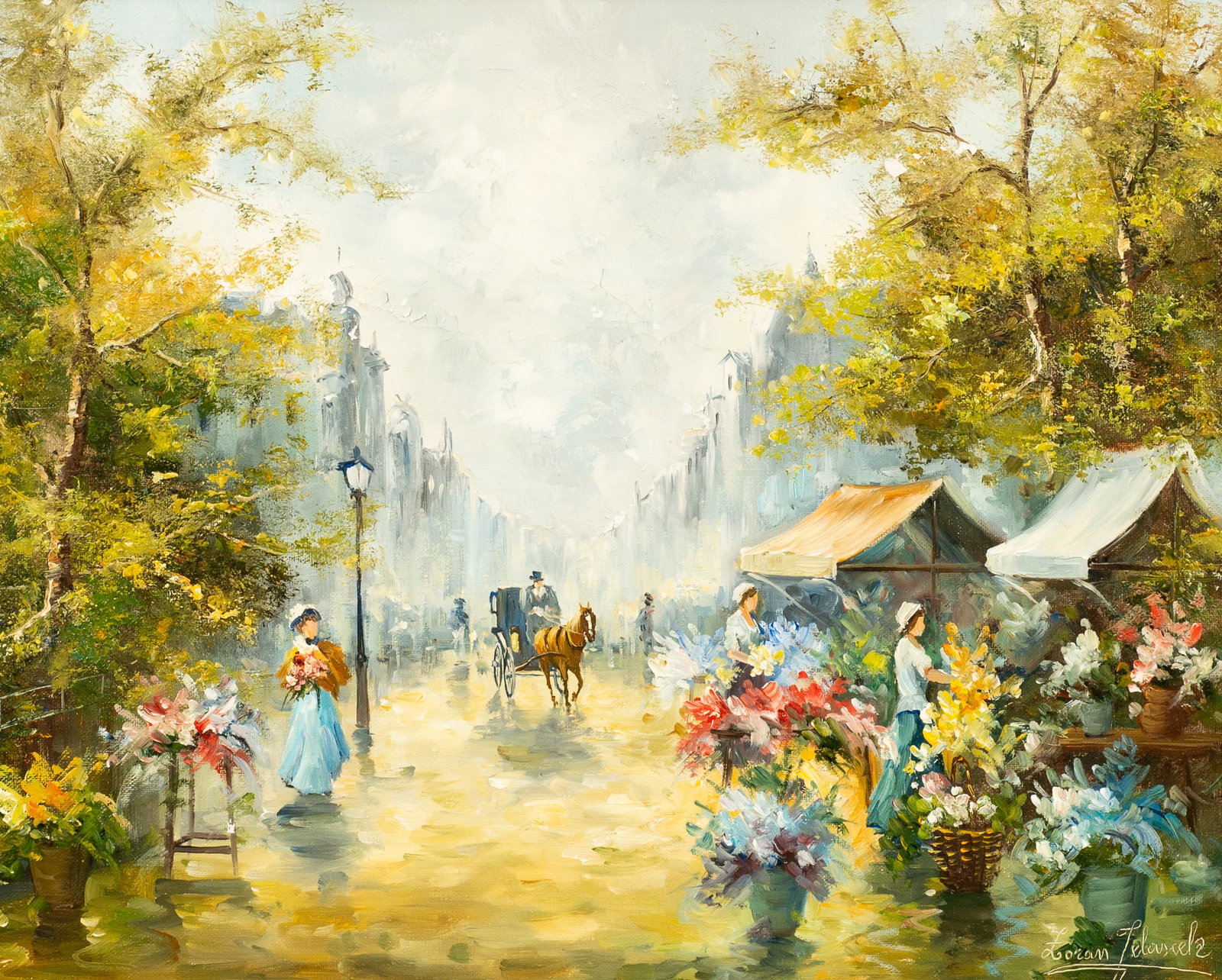 Impressionist Market Scene, Zoran Jelascek.: Artist(s): Zoran Jelascek (Yugoslavia, b. 1942) Medium: Oil on canvas. Signature(s): Paperwork: N/A Damage: Flaking paint to the sky. Measurement(s): 16" x 20" (canvas), 25" x 29" (frame) In-house shi