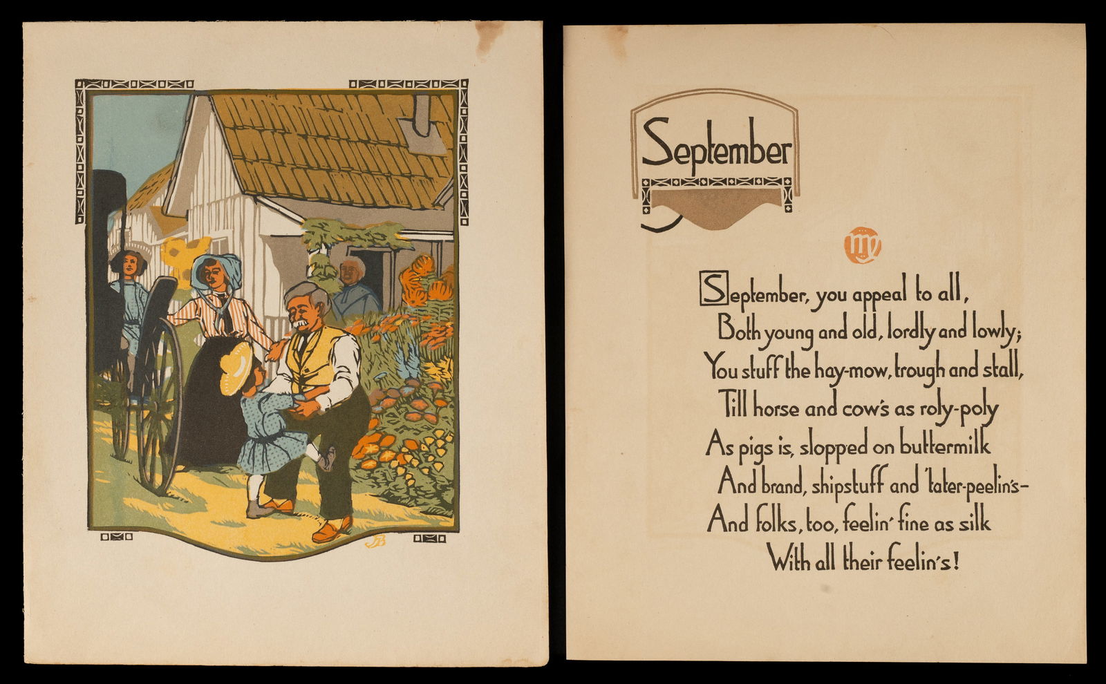 September from All the Year Round, Baumann.: Artist(s): Gustave Baumann (Germany, 1881-1971), September from James Whitcomb Riley's (American, 1849-1916) All the Year Round, 1912. Medium: Woodcut print. Signature(s): Monogrammed lower right. Pap