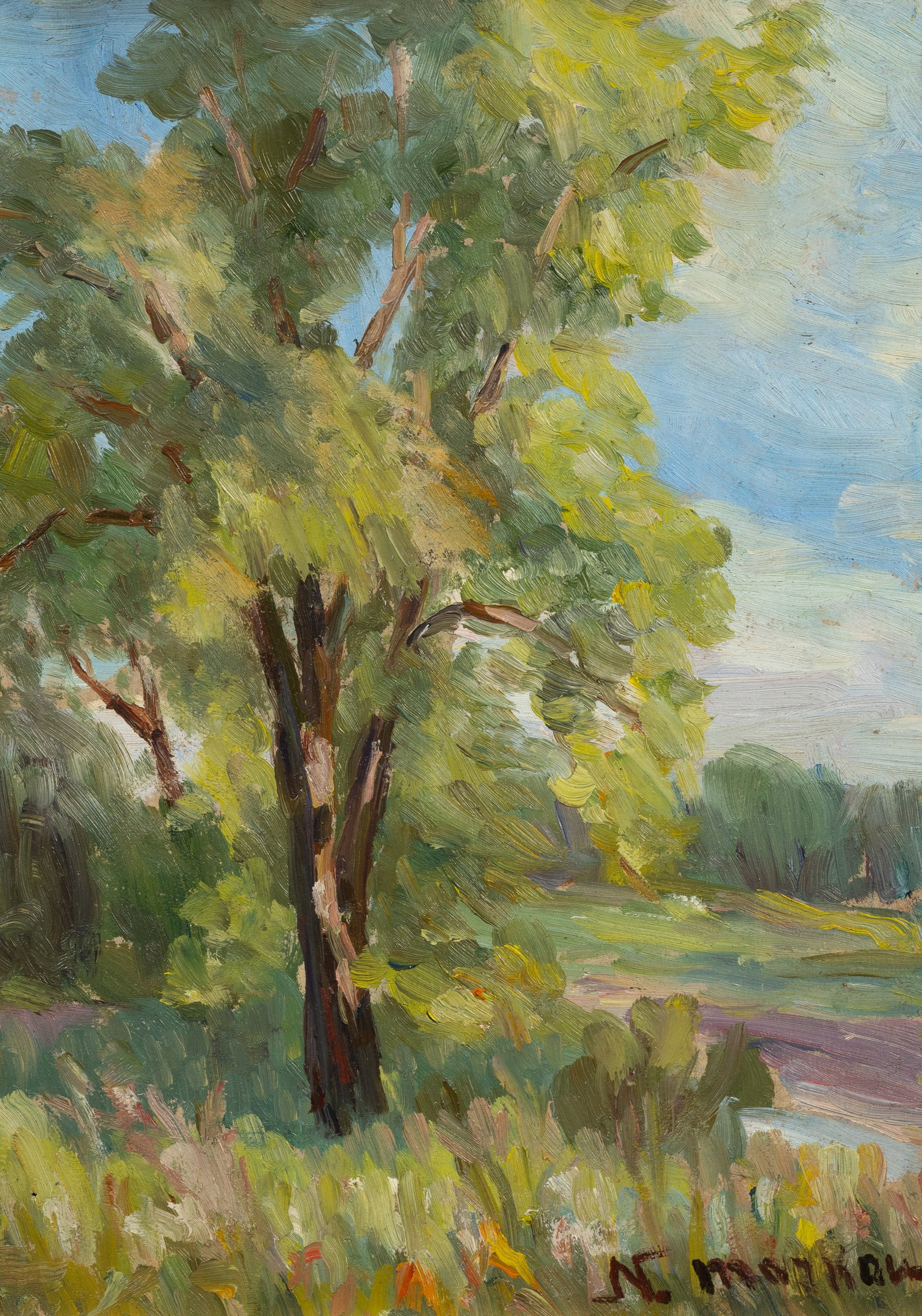 Impressionist Landscape Painting, Signed.: Artist(s): Unknown. Medium: Oil on board. Signature(s): "N. Marko," lower right. Paperwork: N/A Damage: General surface grime and paint loss along the right, upper margin. Measurement(s): 12" x 9" (bo