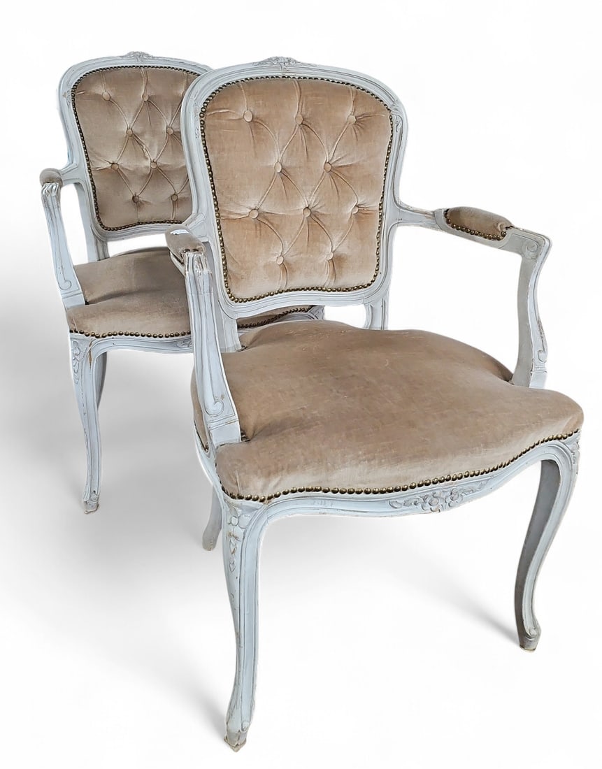 Pair of Louis XV Style Tufted Velvet Arm Chairs. (1 of 2)