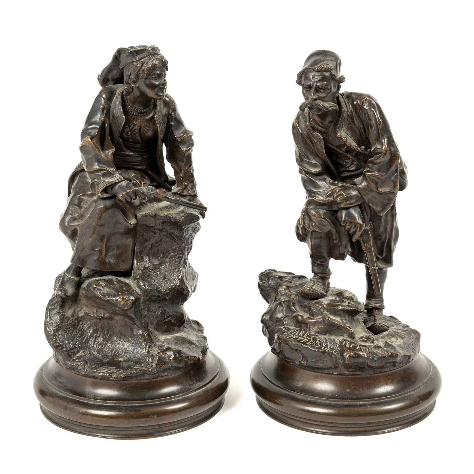 Pair of Bronze Lookout Sculptures, After Grachev.: Both are signed in Russian Cyrillic letters, and are also signed, "Fabr. C.F. Woerffel St. Petersburg", referring to being cast by C.F. Worffel at the Carl Federovich Foundry. There do not appear to b