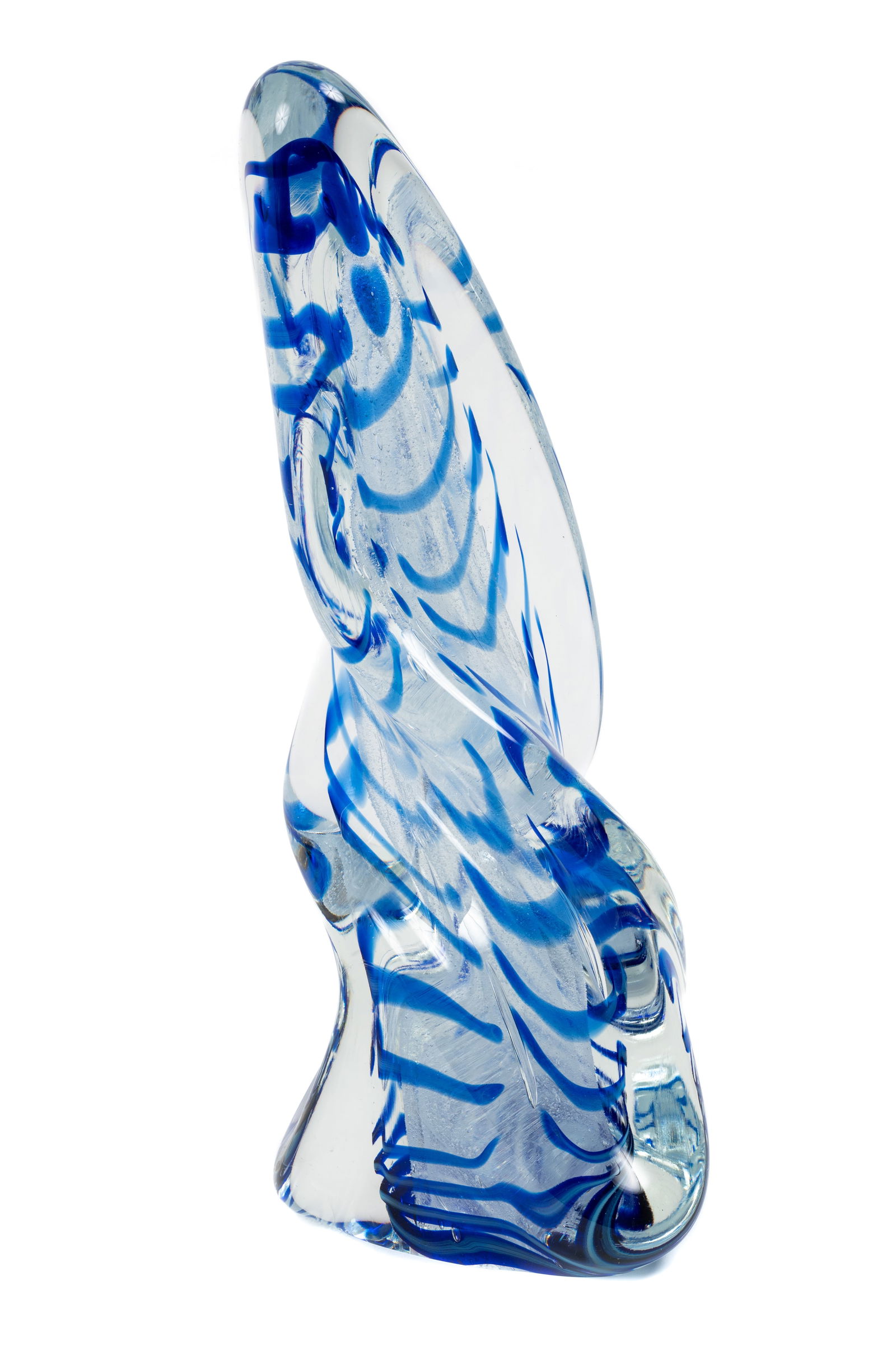 Rollin Karg Signed Glass Freeform Sculpture.: It is signed and dated 1994. This sculpture resembles a twisted stalagmite, with deep blue streaks. When stood on its base, the sculpture can swivel, allowing the viewer to appreciate it from differen