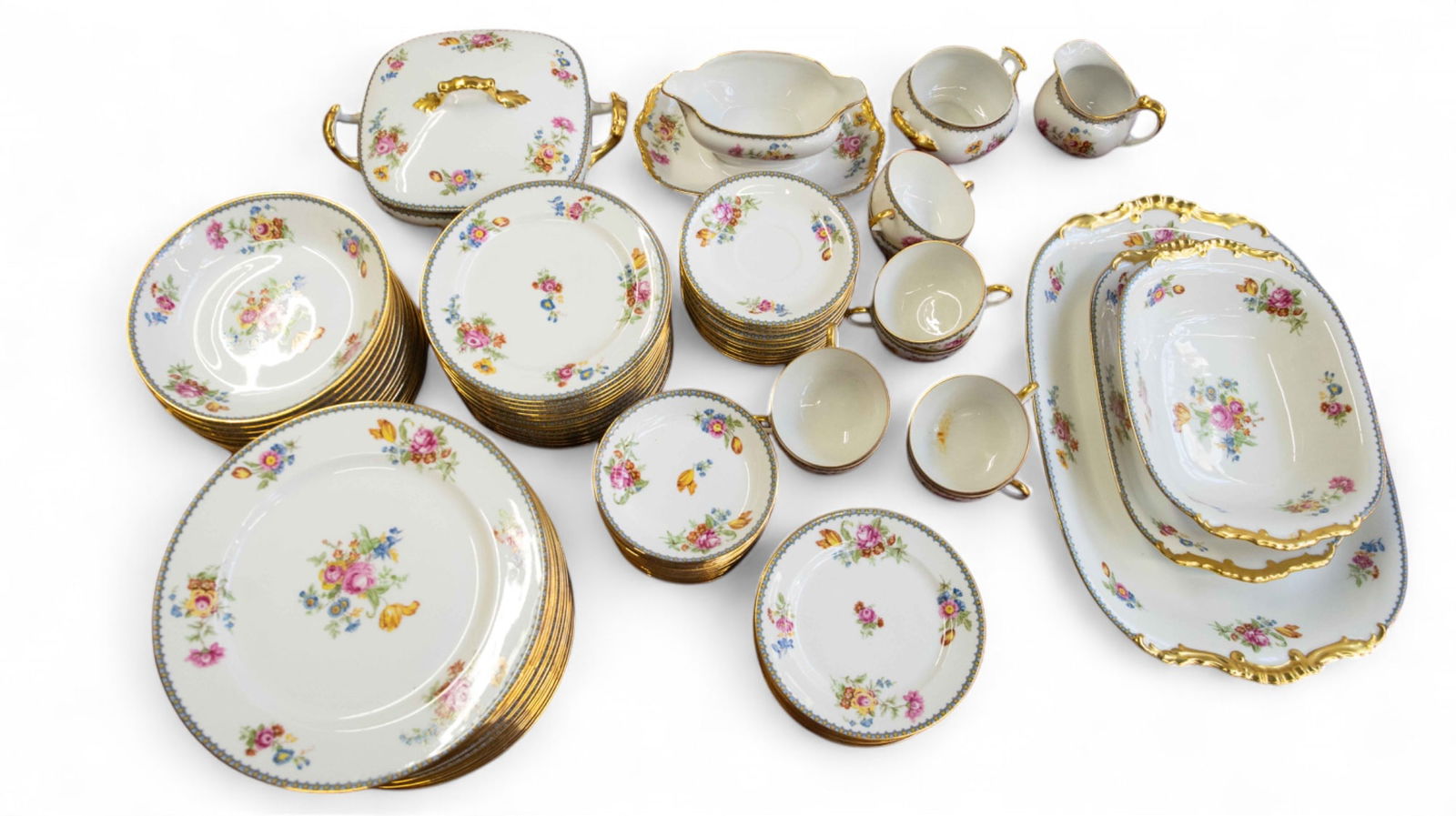 96 Pc. Limoges Gold-Rimmed Floral China Set. (1 of 3)