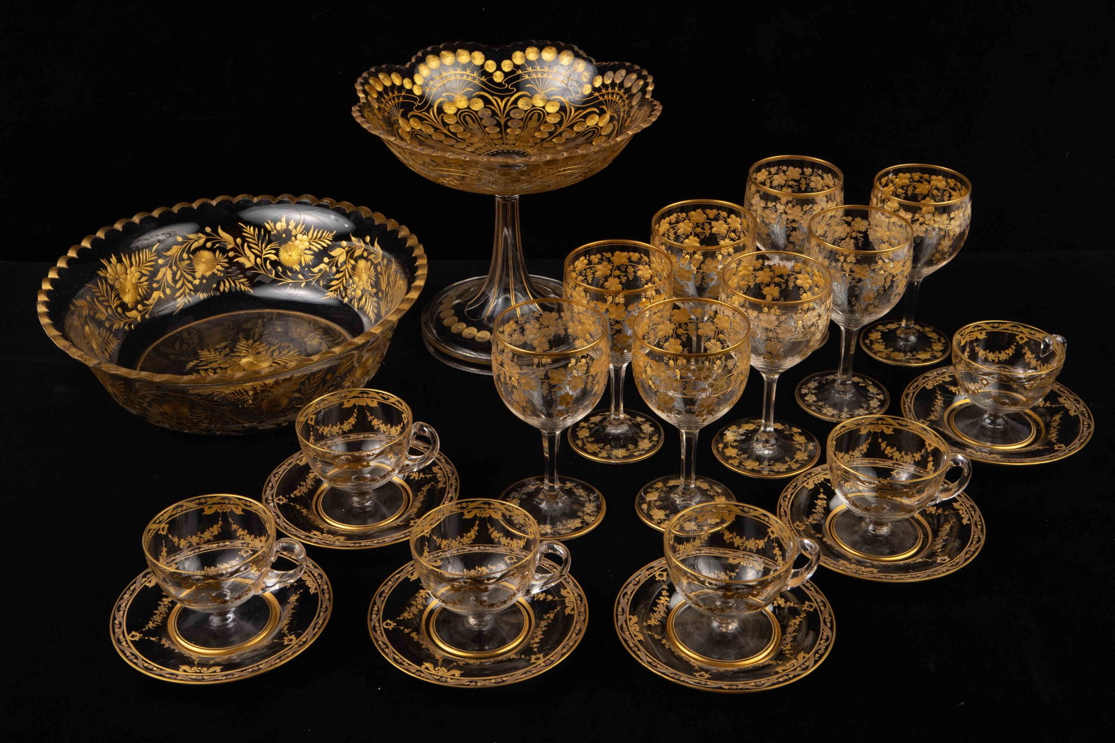 Lot of Etched and Gilded Glassware - St. Louis ?: This lot is unsigned, but could possibly be by St. Louis or Baccarat. It consists of the following: a footed compote w/ scalloped rim, a serving bowl w/ scalloped rim, 6 demitasse cups w/ matching sau