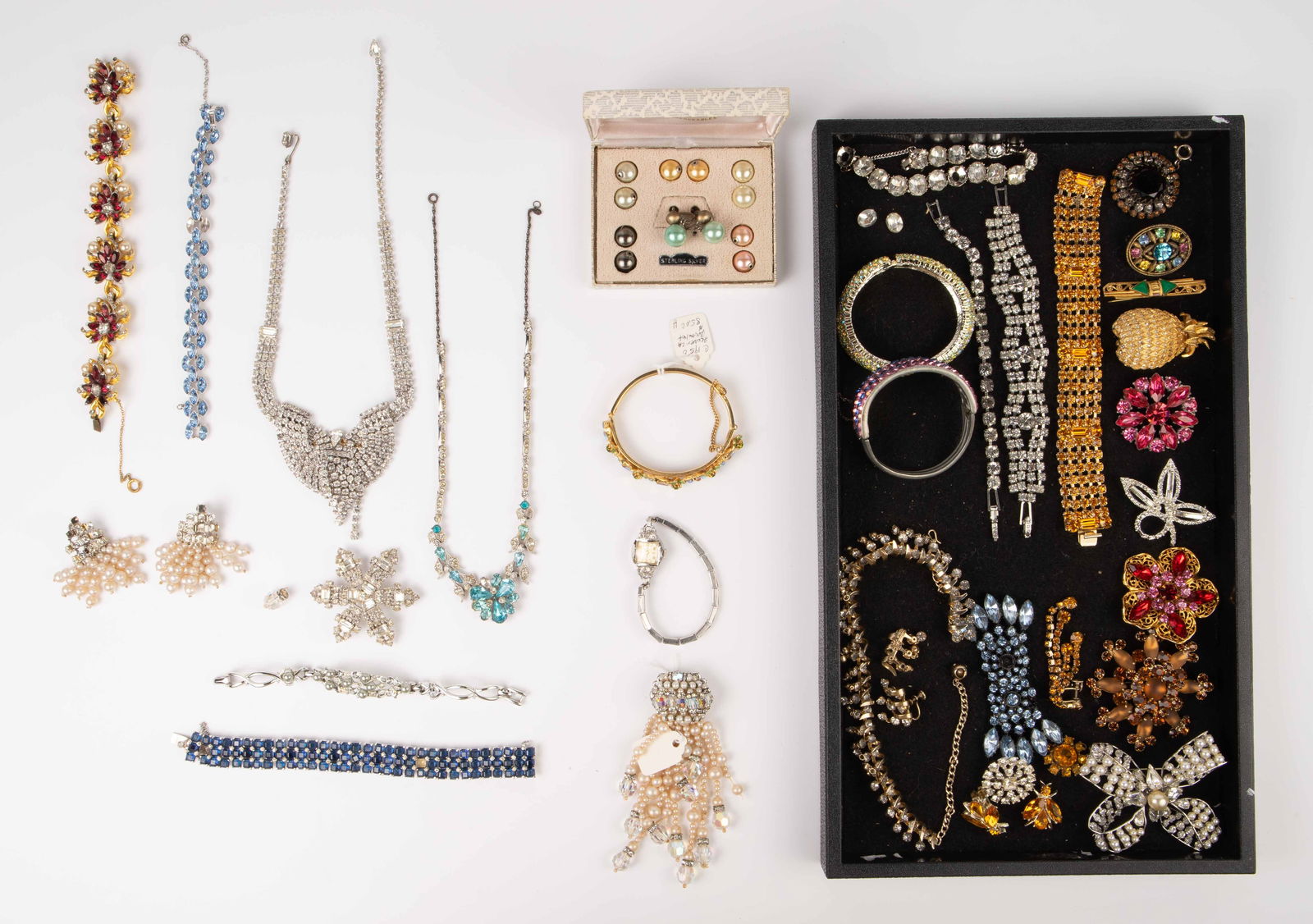 Vintage Rhinestone Jewelry - Mazer, Weiss, Etc.: The lot includes over 30 pieces of mostly vintage rhinestone jewelry. There are brooches, pendants, earrings, necklaces, and bracelets. The brands included are Joseph Mazer, Bogoff, Weiss, Fiorenza, C