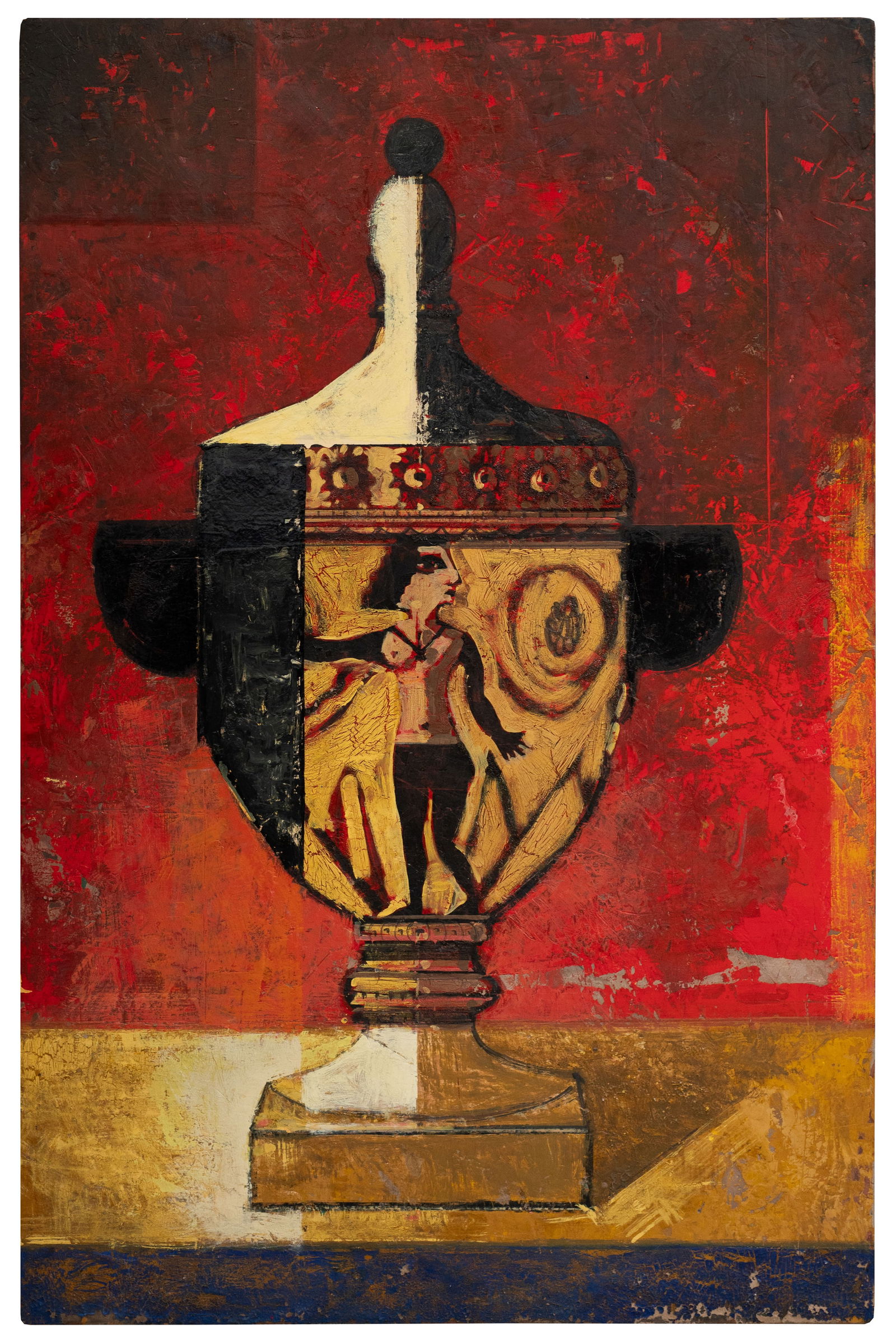 Abstract Greco-Roman Urn Painting, David DeVillier: Artist(s): David Adam DeVillier (America, b. 1960) Medium: Oil on steel. Signature(s): Signed and dated (2001) en verso. Paperwork: N/A Damage: Paint loss to the outer margins, most notably to the low