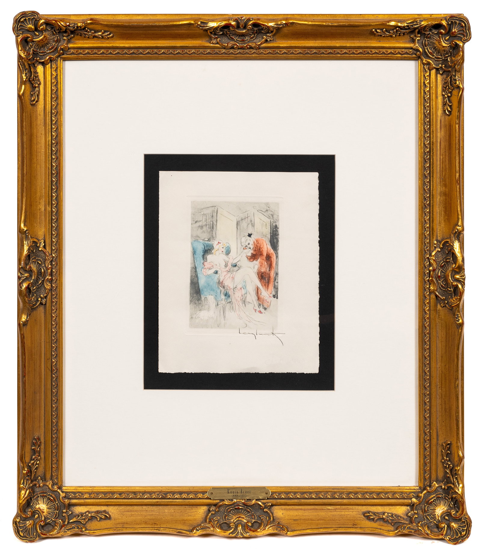 Enchante from La Nuit et le Moment, Icart Etching.: Artist(s): Louis Justin Laurent Icart (French, 1888-1950) Medium: Etching with aquatint. Signature(s): Pencil signed, lower right. Paperwork: N/A Damage: Spot of discoloration, upper right. Crease, lo