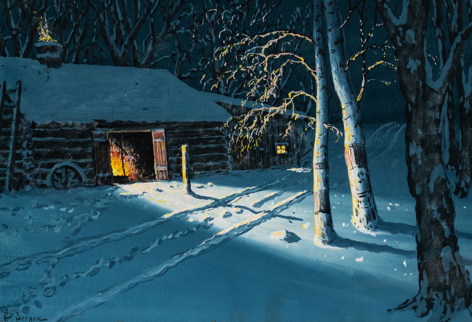Nighttime Winter Cabin Scene by Gulbrand Sether. (1 of 5)
