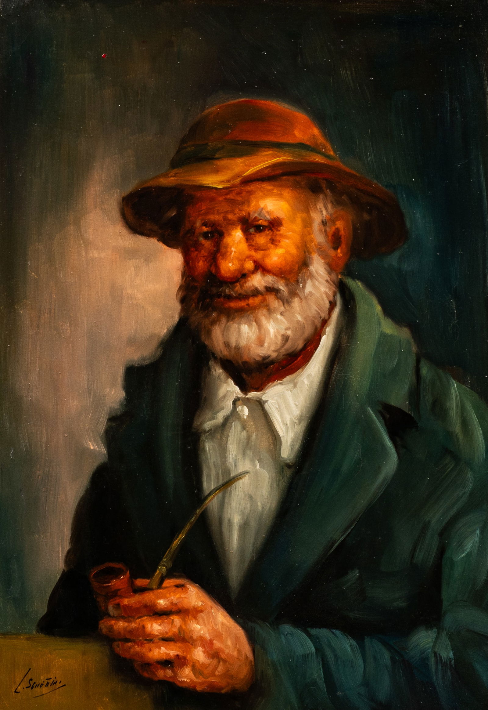 Portrait of an Old Man Smoking a Pipe, Signed. (1 of 5)