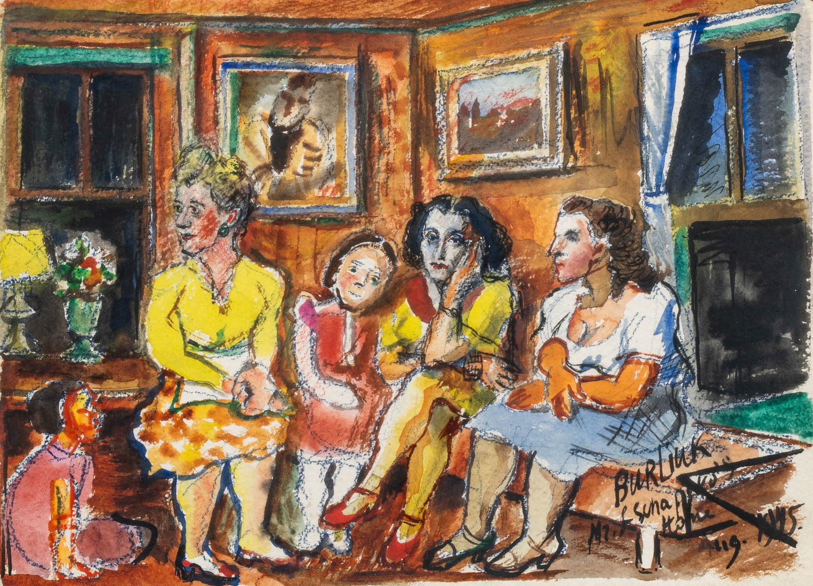 Watercolor of Parlor Scene, David Burliuk. (1 of 5)