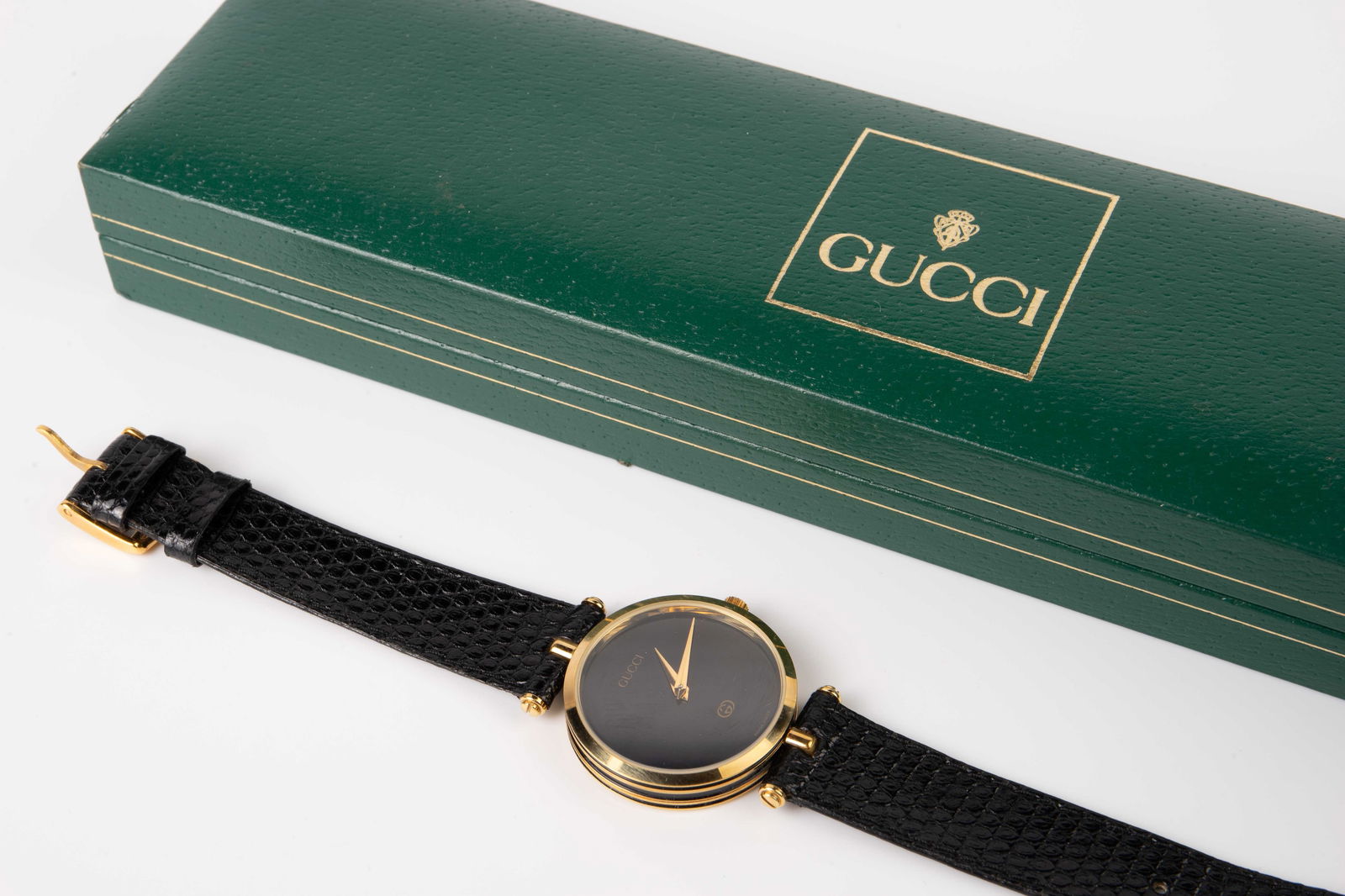 Unworn Gucci Black & Gold Watch w/ Snakeskin Band. (1 of 6)