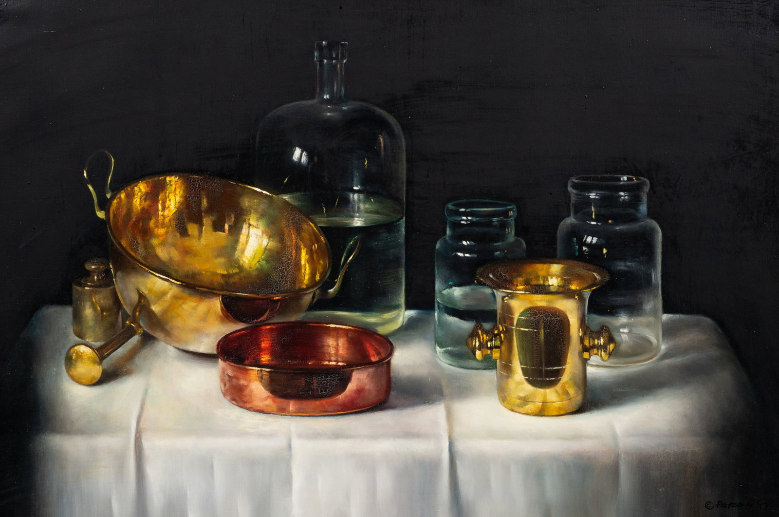 Large Still Life Painting by Gyula Paksy.: Artist(s): Gyula Paksy (Hungarian, 20th Century) Medium: Oil on canvas. Signature(s): "Paksy, '94", lower right. Paperwork: N/A Damage: Craquelure and areas of cloudy varnish. Measurement(s): 24" x 36