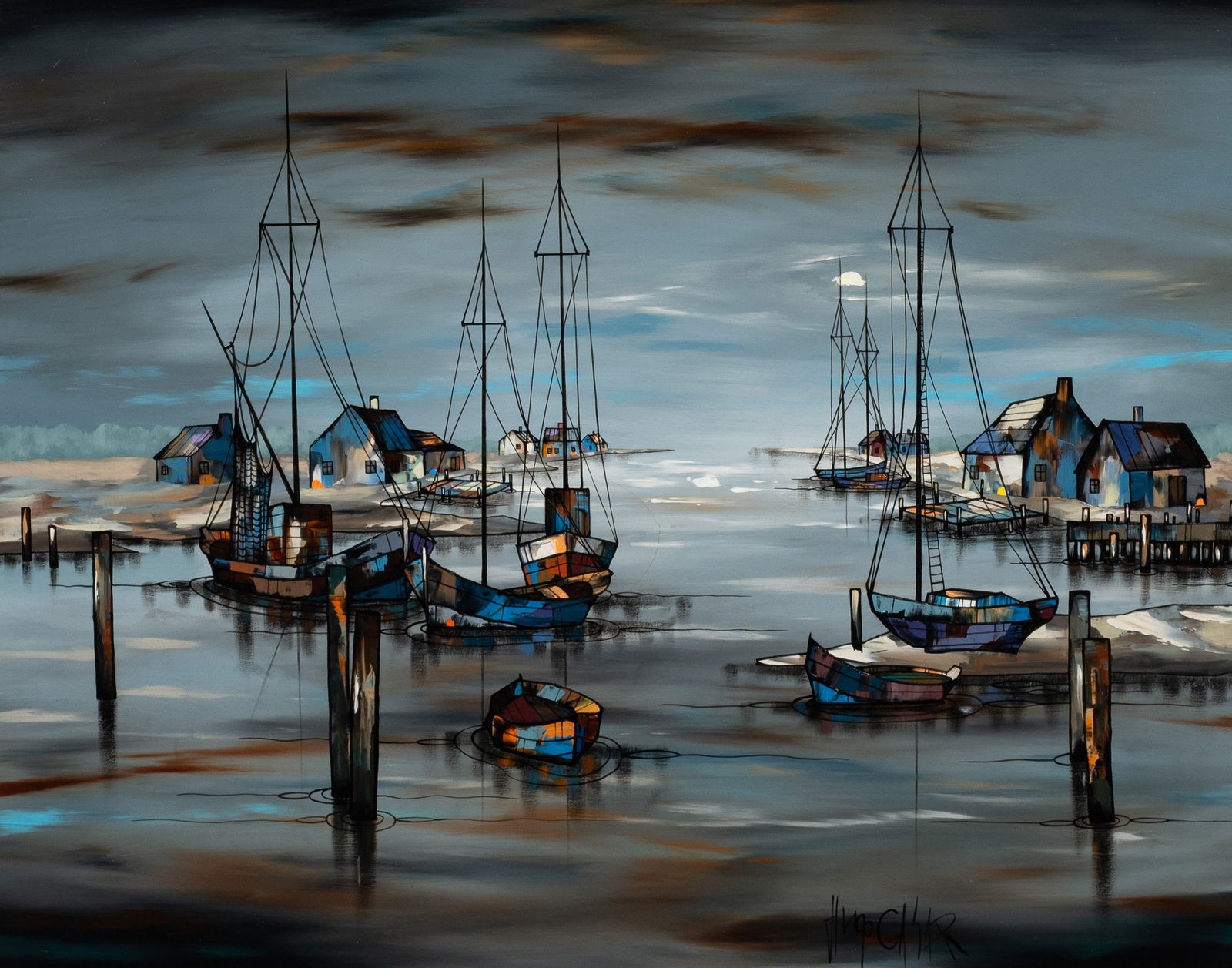Mid-Century Modern Harbor Scene, Hugo Casar (1 of 6)