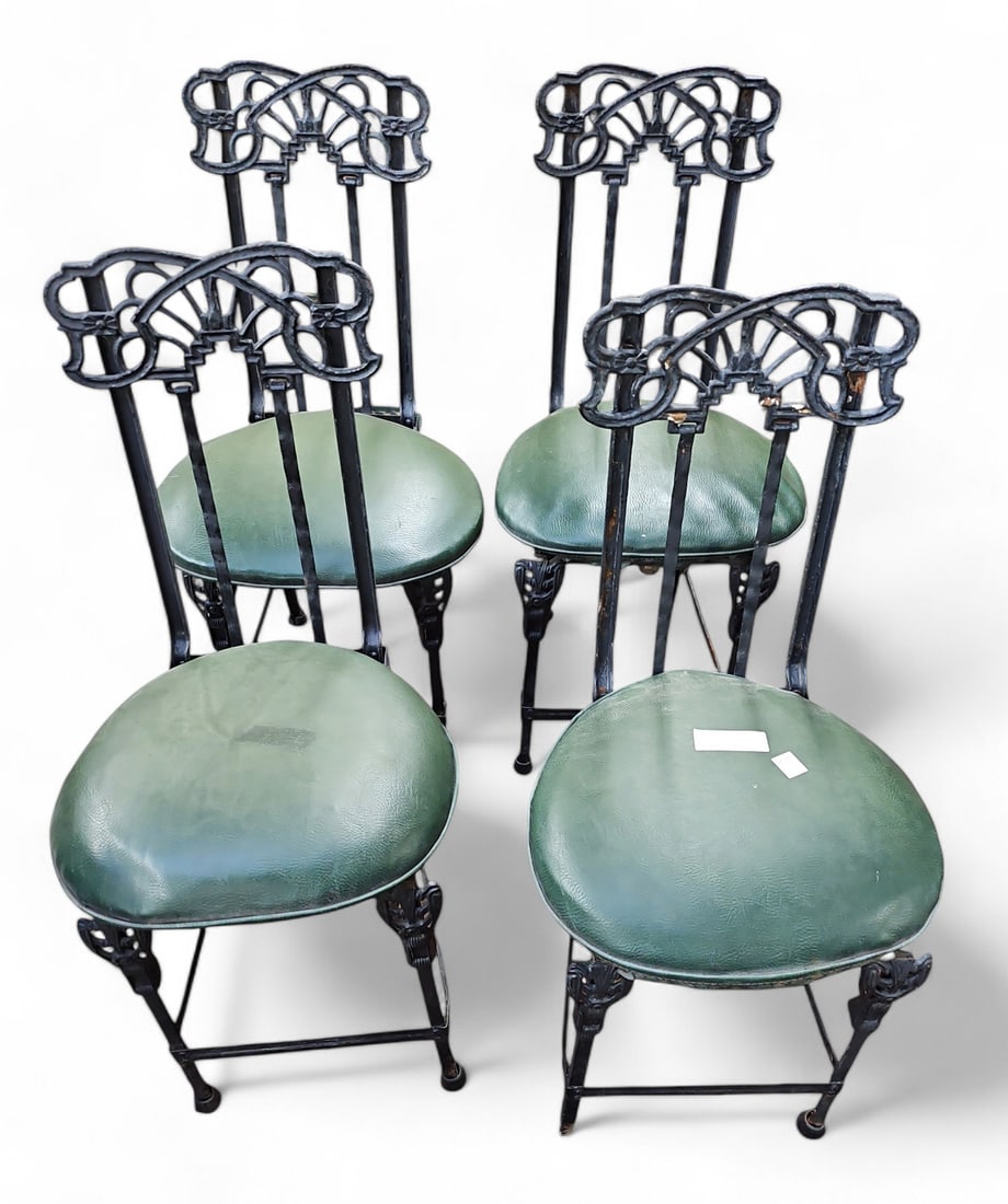Set of 4 Iron Art Deco Chairs w/ Green Seats. (1 of 2)