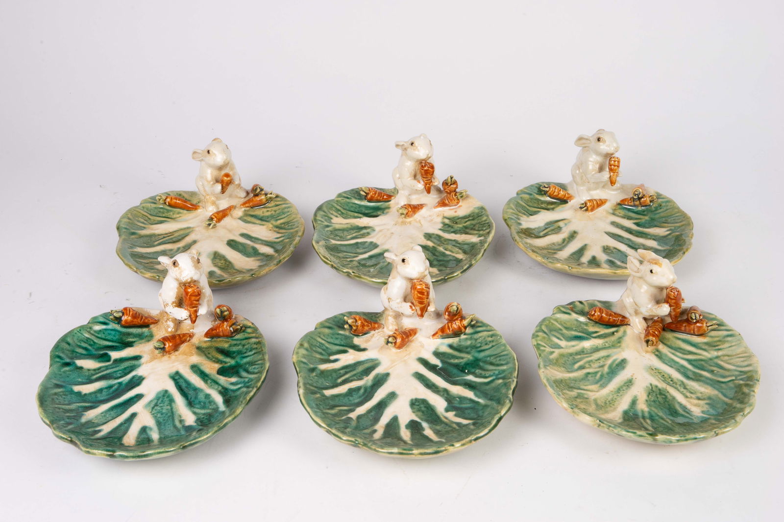 Set of 6 Majolica Dishes- Rabbits on Cabbage. (1 of 3)