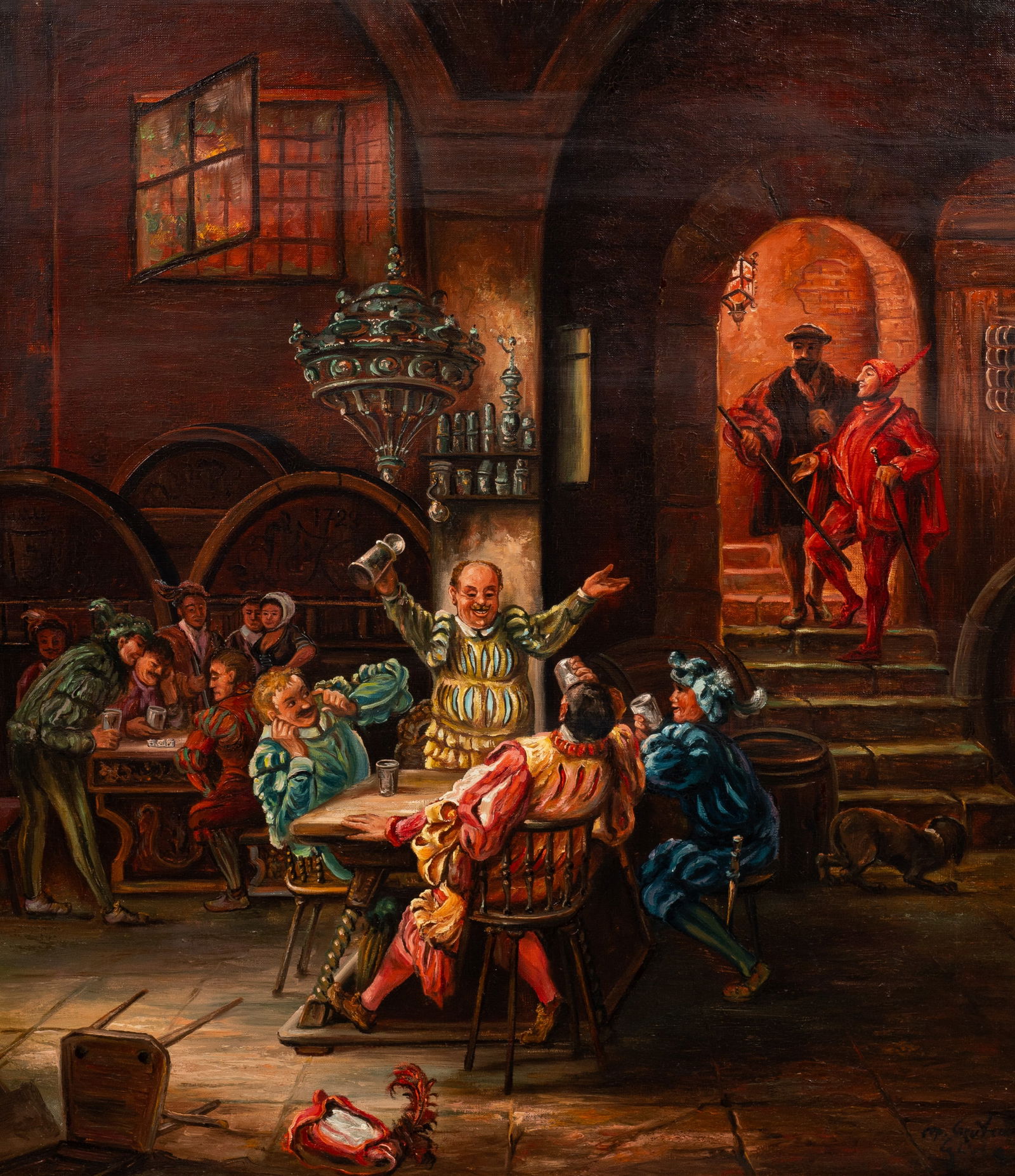 Large Tavern Scene Painting, Signed. (1 of 5)