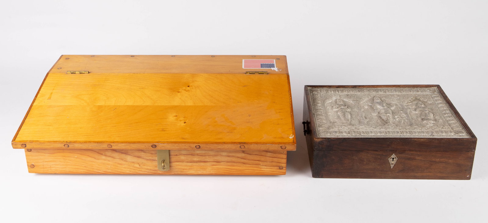 2 Wood Boxes, Storage Box w/ Relief Hindu Deities. (1 of 12)