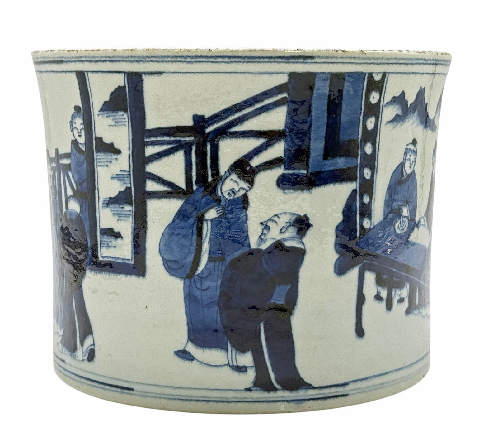 Chinese Blue & White Porcelain Brush Pot.: The brush pot has designs of figures on it. It is signed on its underside with a four character mark. It is in good overall condition, with some wear to use. It measures 6" tall and 7 1/2" in diameter