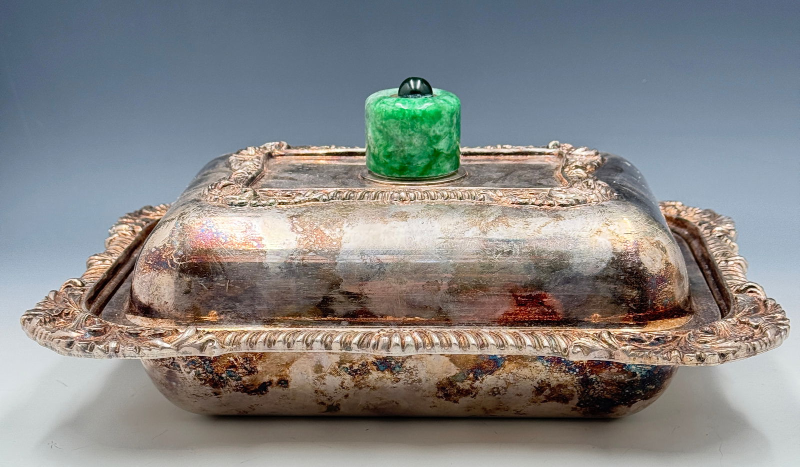 Silverplate Covered Dish w/ Chinese Jadite Knob. (1 of 6)