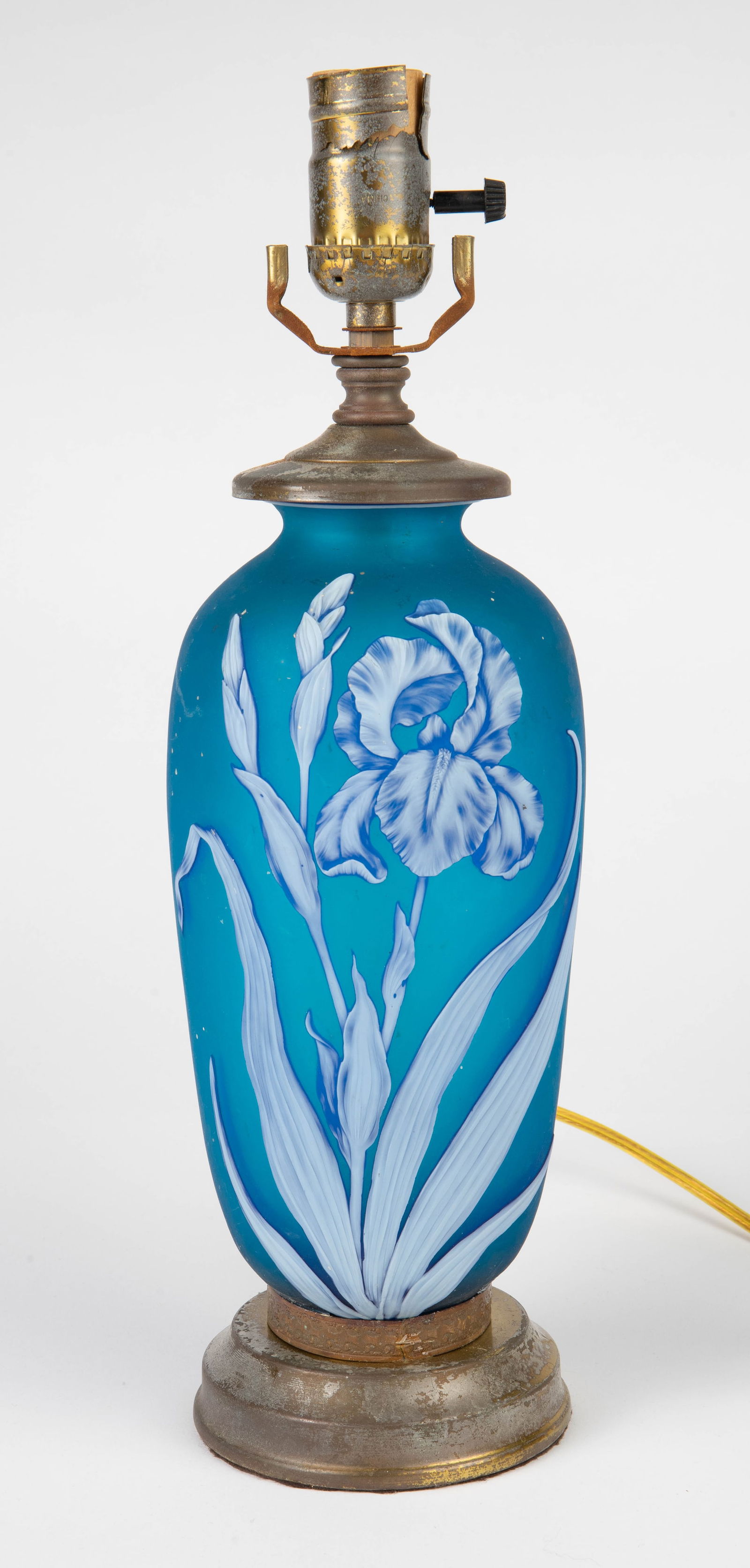 English Cameo Glass Vase Lamp, poss. Thomas Webb.: It is not possible to view the underside for a signature. There are some paint specks and stains present, and the lamp parts are not in good cosmetic condition. The lamp measures 16" tall. In-house sh