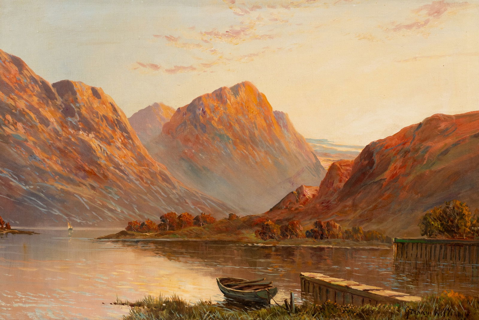 Sunset, Luss, Loch Lomond - William Graham.: Artist(s): William Graham aka Francis E. Jamieson, Aubrey Ramus, etc. (UK, 1895-1950) Medium: Oil on canvas. Signature(s):Signed lower right Paperwork: Findlay Galleries tag attached en verso. Damage: