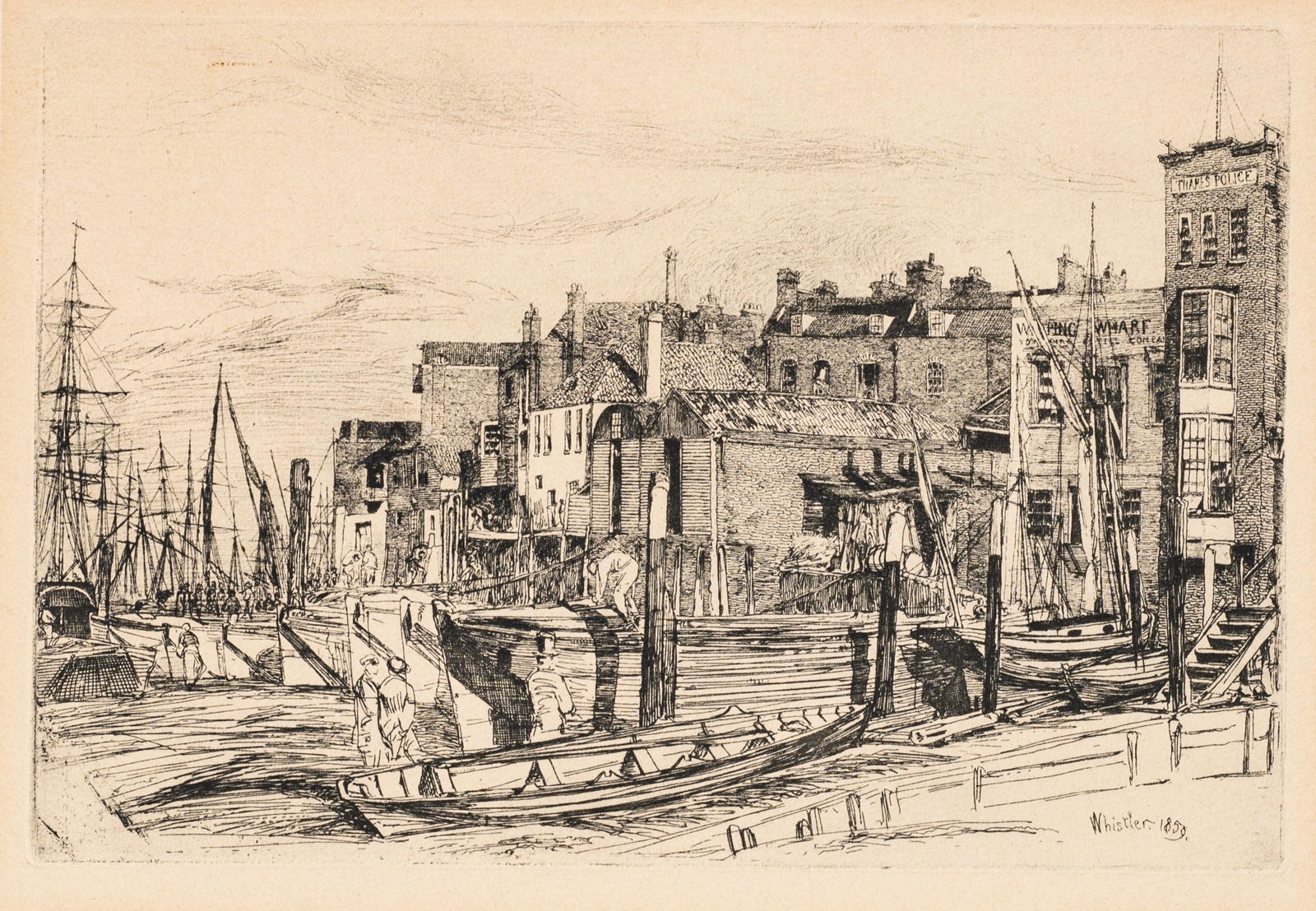 "Thames Police", Etching After James Whistler.: Artist(s): James Abbott McNeill Whistler RBA (American, 1834-1903) Medium: Etching on paper. Signature(s): Signed in-print, lower right. Paperwork: N/A Damage: Unframed. Adhesive and matting residue p