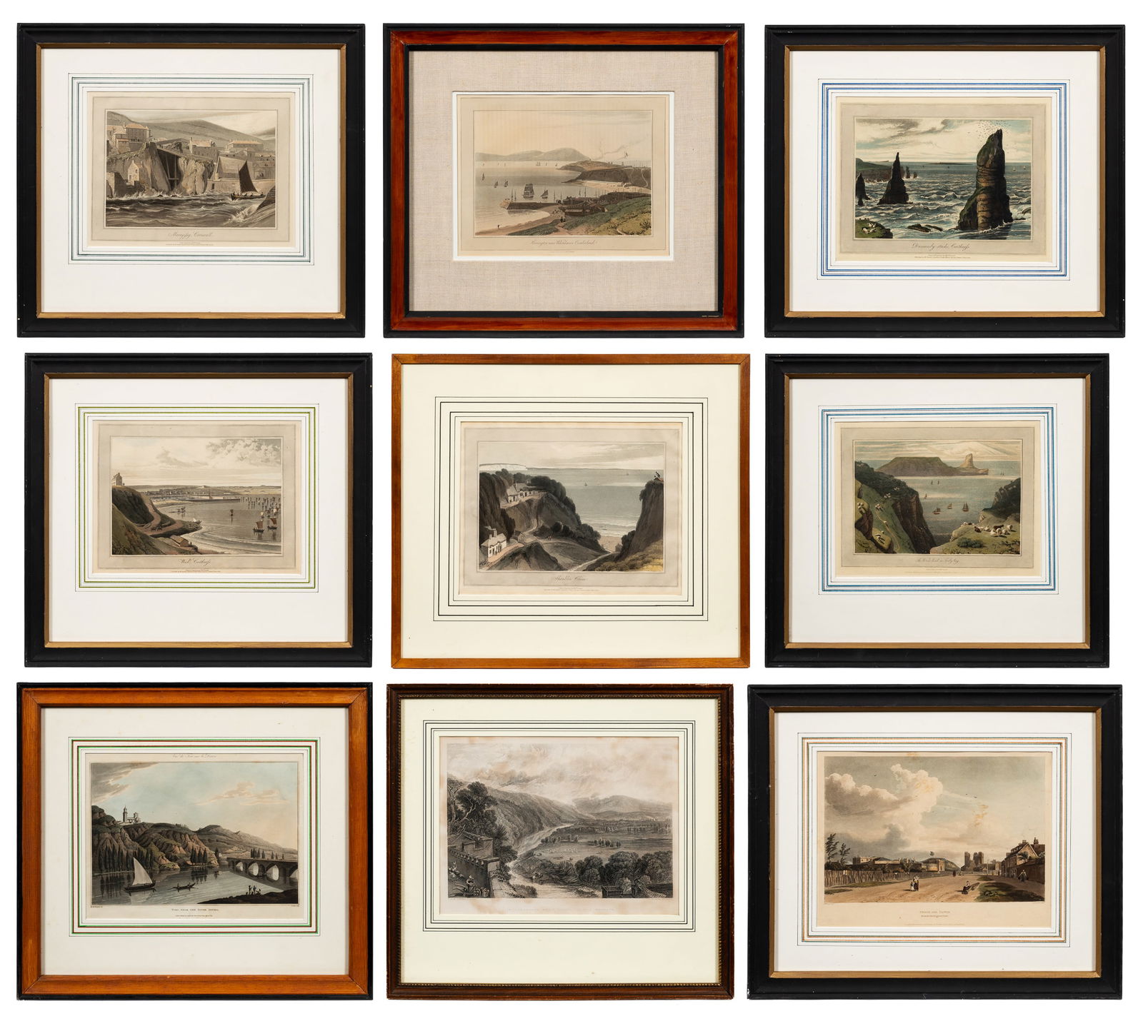 Lot of 9 Engravings - JMW Turner, Daniell, etc.: This lot contains: six aquatint engravings by William Daniell RA (English, 1769-1837), mostly published by Daniell in 1821 or 1825; Ingleborough from Hornby Castle Terrace, an engraving by C. Heath af