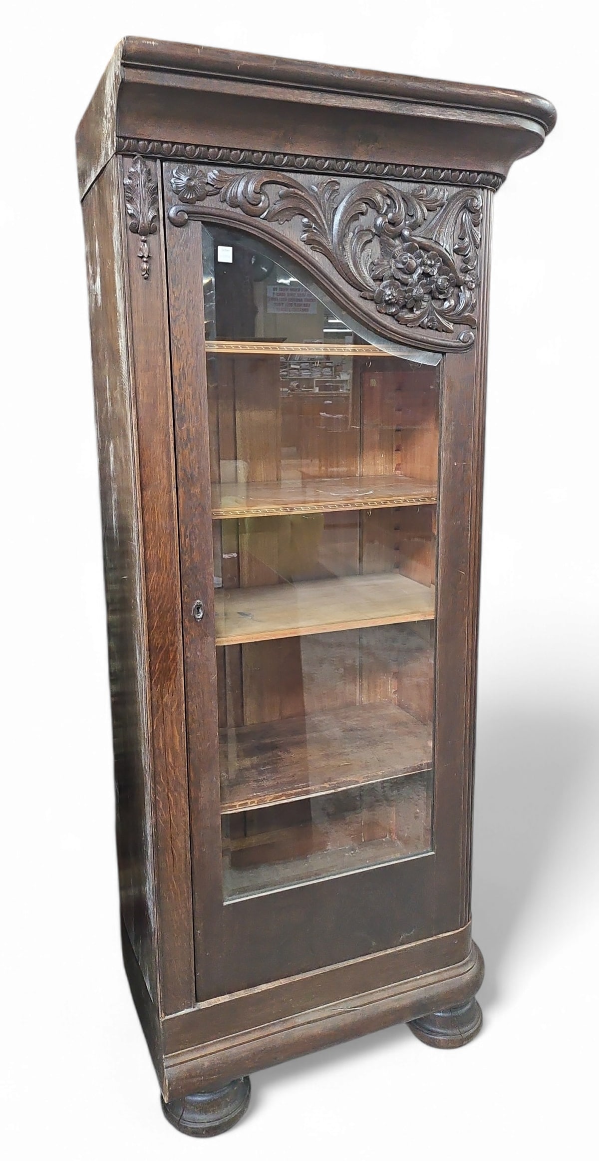 Carved Oak Display Cabinet w/Bevelled Door. (1 of 3)