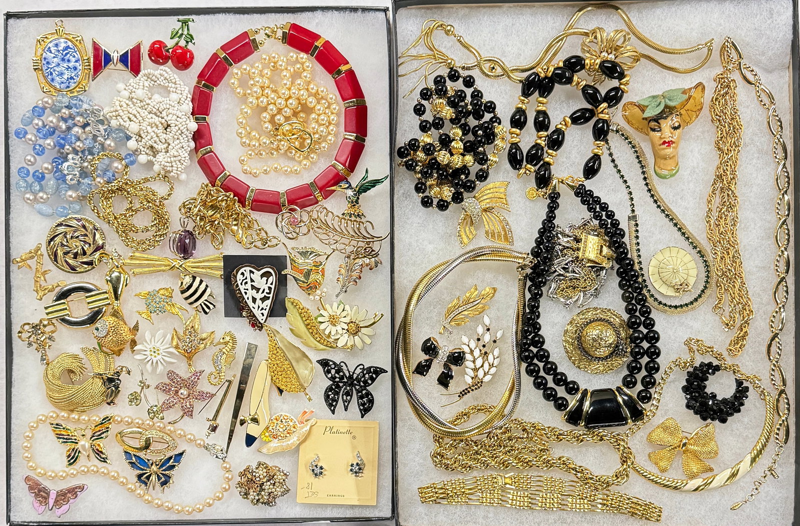 Lot of Designer Costume Jewelry - Swarovski, Etc.: The lot contains over 60 pieces of mostly designer jewelry. There are necklaces, brooches, pendants, and earrings. The brands included in the lot are Betsy Johnson, Monet, Napier, Elzac Vitim of Fashi
