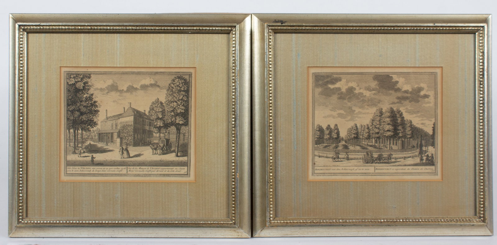 Pair of Antique Engravings by Hendrik de Leth.: Hendrik de Leth II (Netherlands, 1703-1766). This lot contains two small engravings depicting the House in Velsen and Biezenvelt (Biezenveld), Netherlands. The descriptions are in Dutch and French. Ea