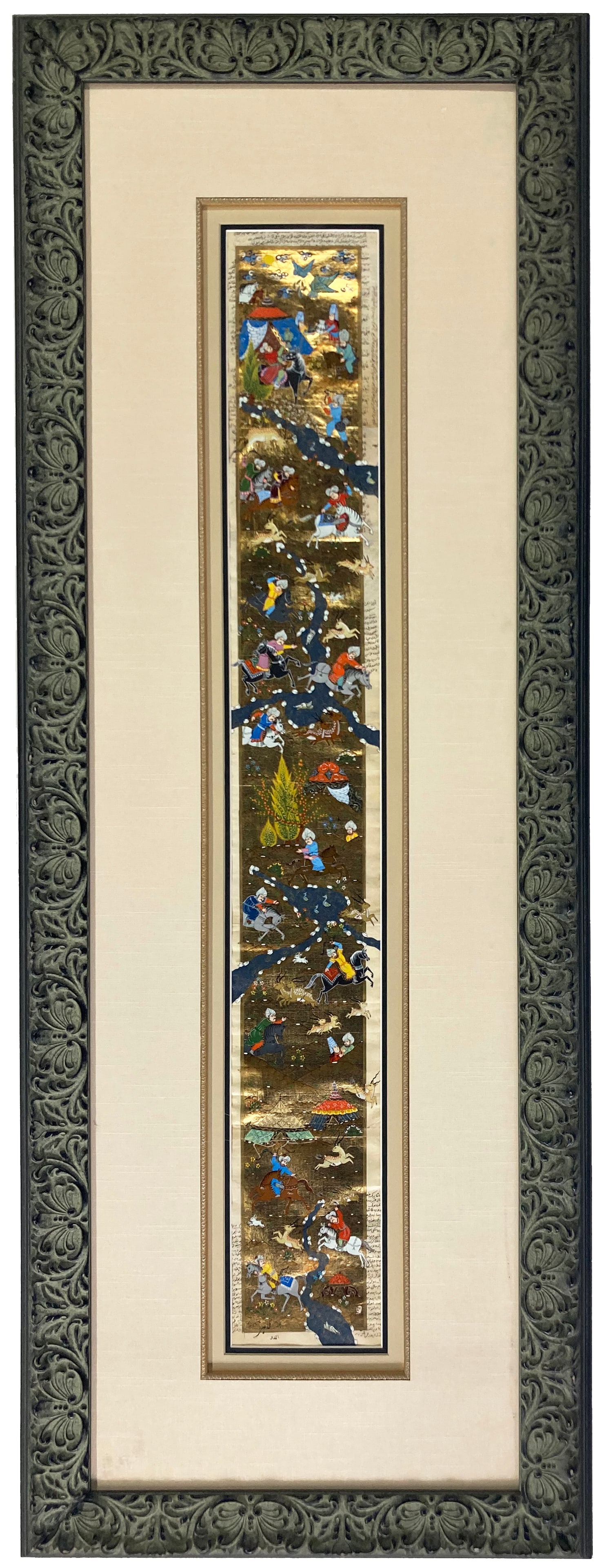 Large Work of Persian Islamic Illuminated Art.: A large, narrow work of Persian Islamic illuminated art, with script along the sides. It has some creasing at even intervals, indicating it is an unrolled story that was previously folded. There is so