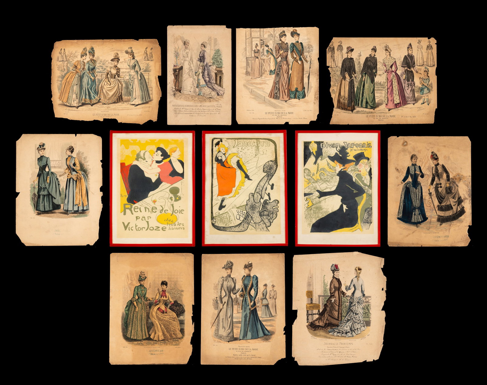 Lot of French Works - Fashion Magazines & Lautrec.: This lot contains three Henri Toulouse-Lautrec lithographs (Divan Japonais, Jane Avril, and Reine de Joie) and antique, hand-colored engravings of French women's fashion. Paperwork: N/A Damage: The fa