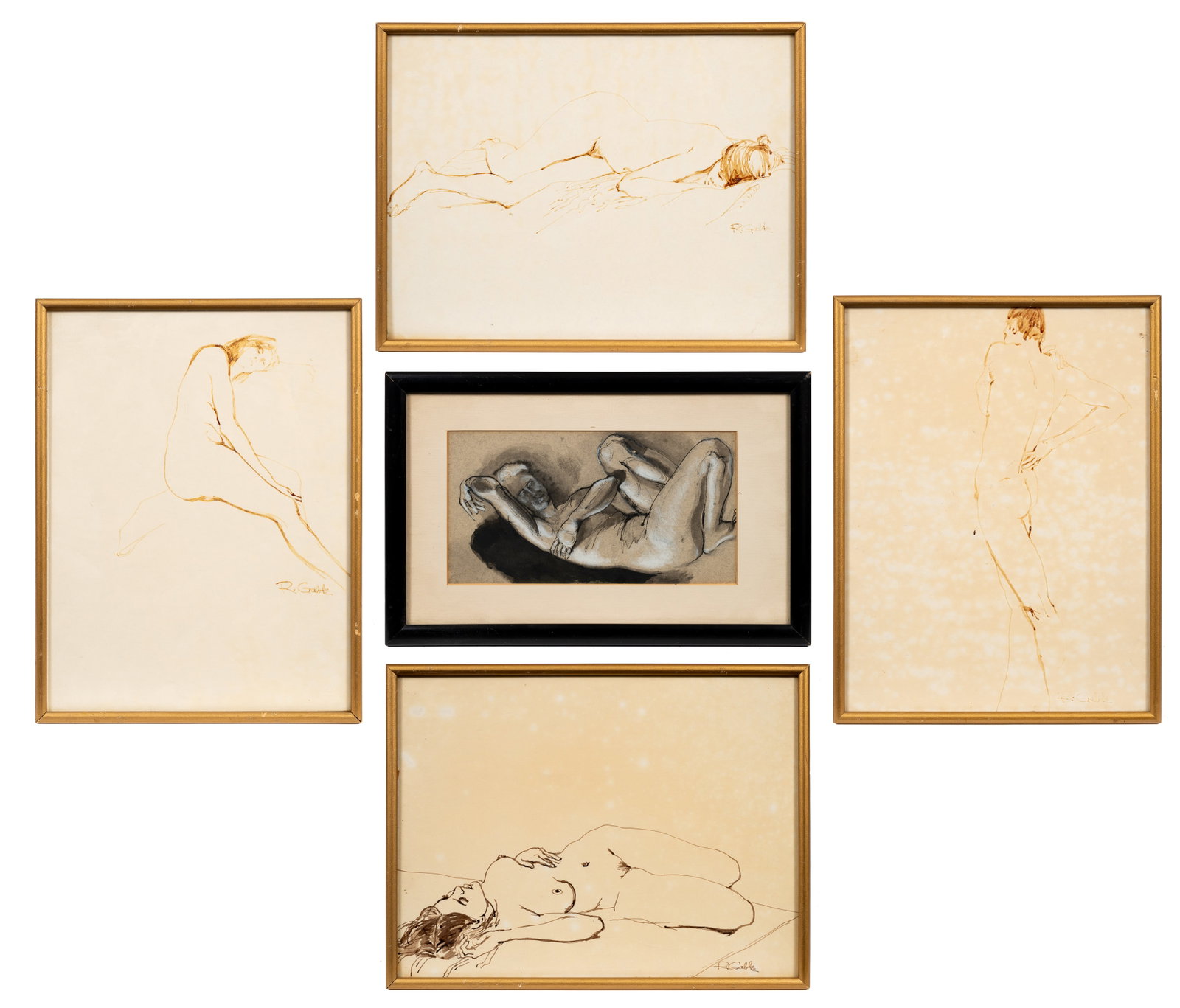Lot of Five Nude Portraits by R. Gable.: Artist(s): R. Gable Medium: Most are ink wash, and one is a mixed-media composed of watercolor, pastel, and ink. Signature(s): The ink works are signed in their lower margins. The charcoal portrait is