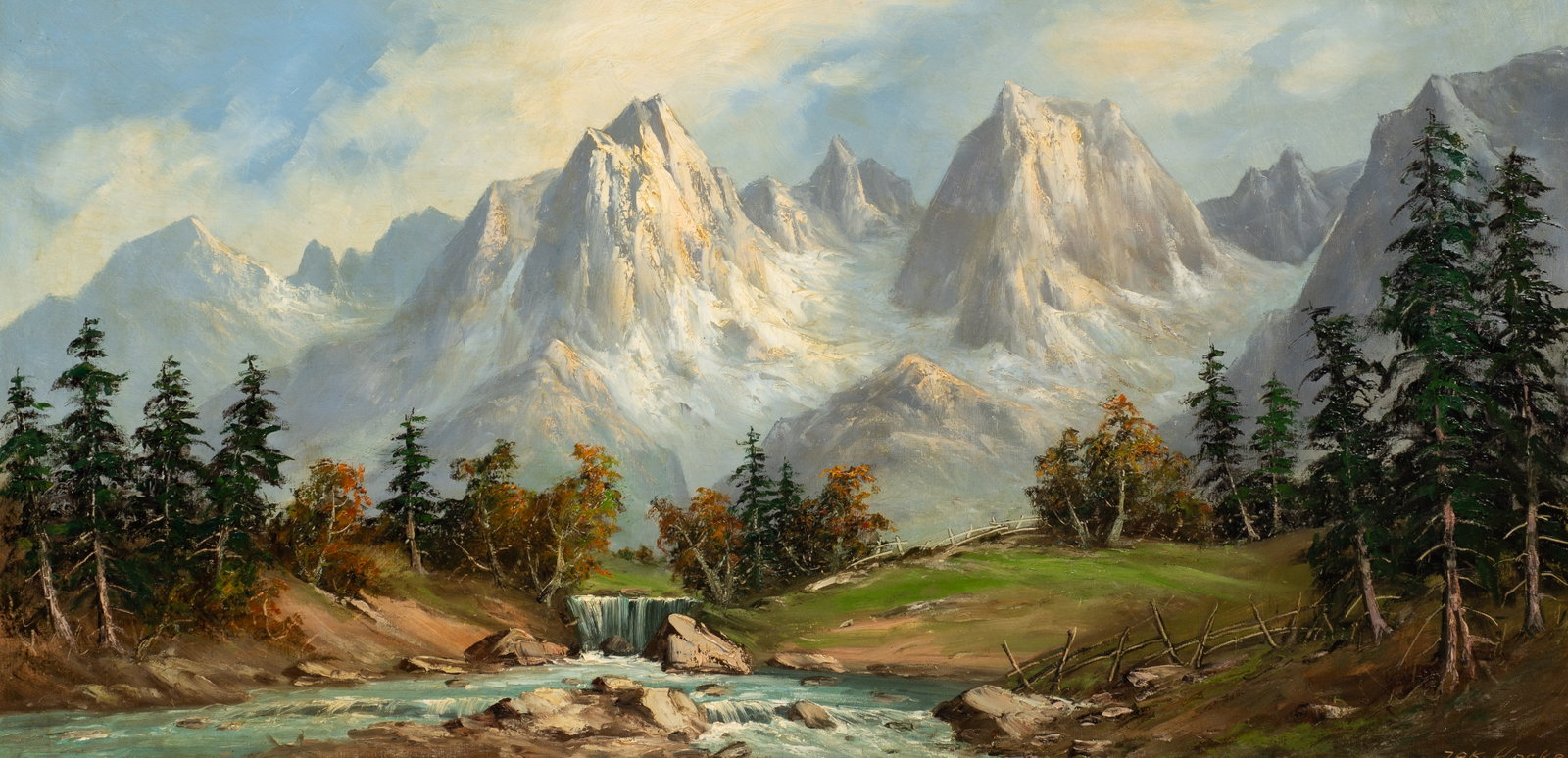 Large Mountain Landscape, Jakob Hecker.: Artist(s): Jakob Hecker (German, 1897-1969) Medium: Oil on canvas. Signature(s): "Jak. Hecker", lower right. Paperwork: N/A Damage: Signs of craquelure and darkened varnish. Stains to the fabric borde