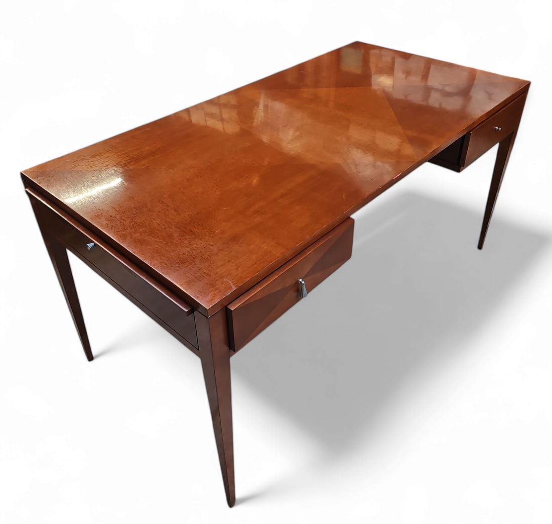 Baker Mid Century Inlaid Wood Writing Desk.: This vintage Baker desk has the Baker Furniture plaque inside one of its drawers. The desk measures 30" tall, 60" wide, and 30" deep. The width can be extended up to 24" by extendable 12" leaves on ei