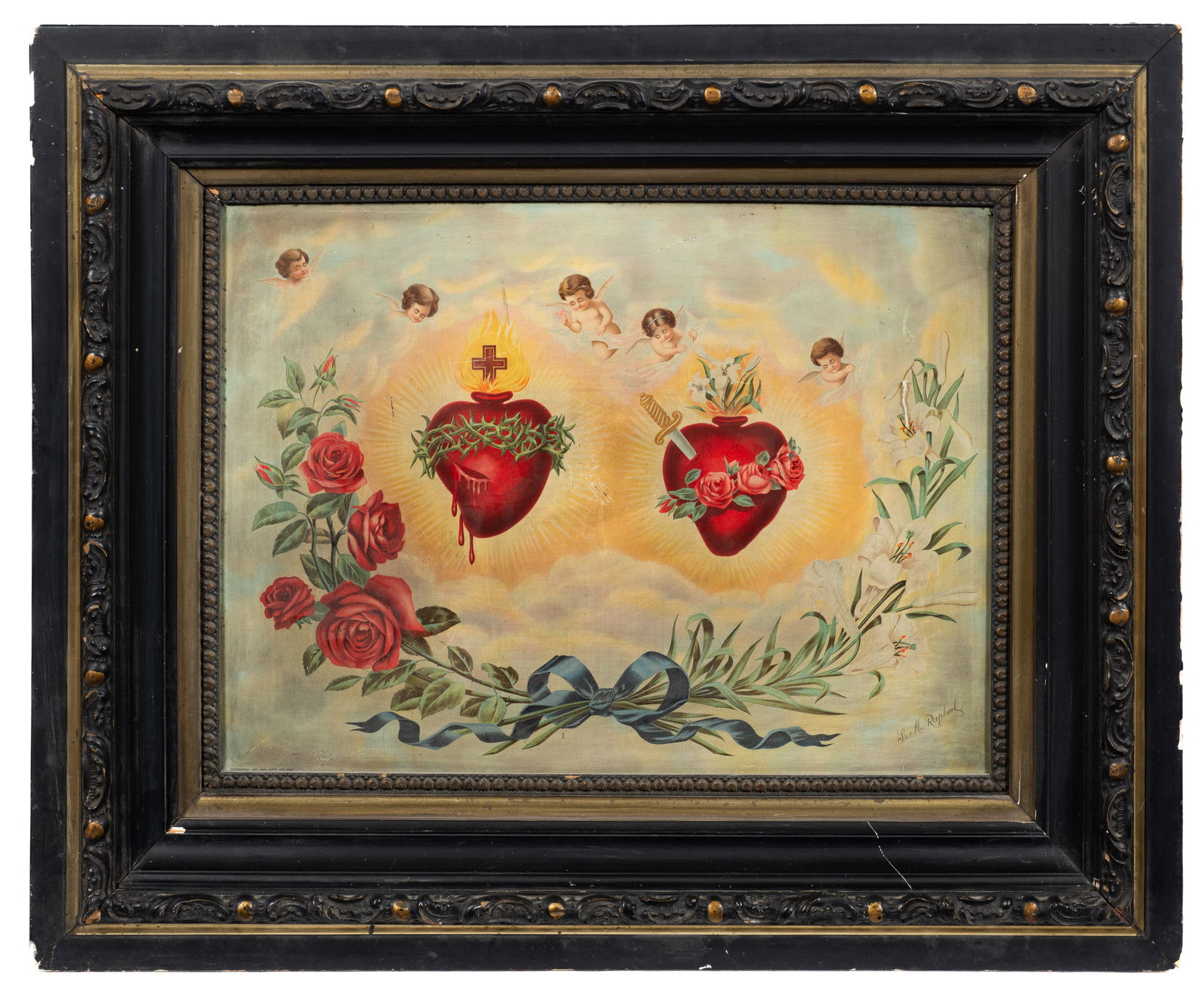Lithograph of Sacred Hearts on Tin, Sister Raphael: Artist(s): After a painting by Sister M. Raphael Medium: Lithograph on tin. Signature(s): Signed in-print, lower right. Published by John Duffy. Paperwork: N/A Damage: Scratches and scuffs to the work