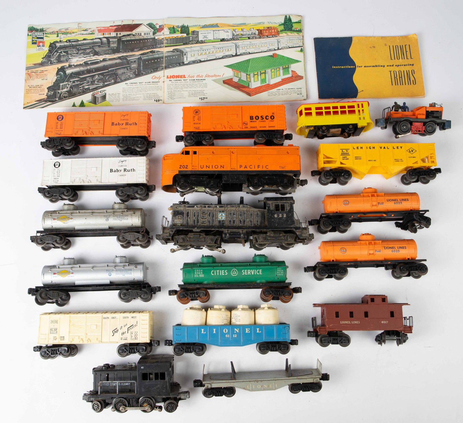 Lot of Vintage Lionel Model Trains.: There are eighteen locomotives and other cars in the lot. The highlights include a 622 Locomotive, a 41 United States Army Transportation Corps Switcher, a 202 Union Pacific, and a no. 50 Gang Car. In