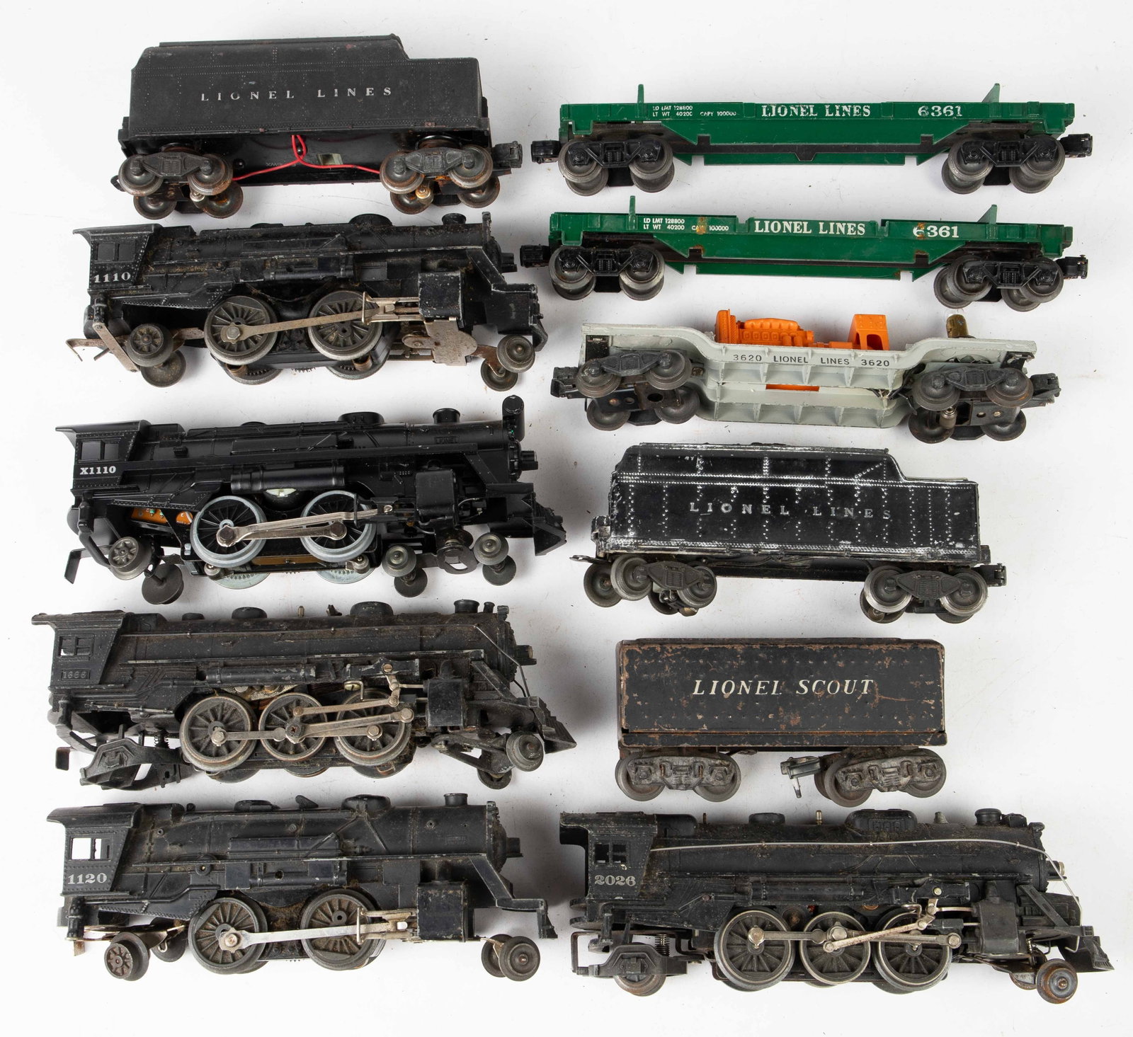 Lot of Vintage Lionel Trains.: This lot includes a 1110 Locomotive, a 1666 Locomotive, a X1110 Locomotive, a 1120 Locomotive, and a 2026 Locomotive. Also included are three tenders, two 6361 flat cars, and a 3620 searchlight car. T