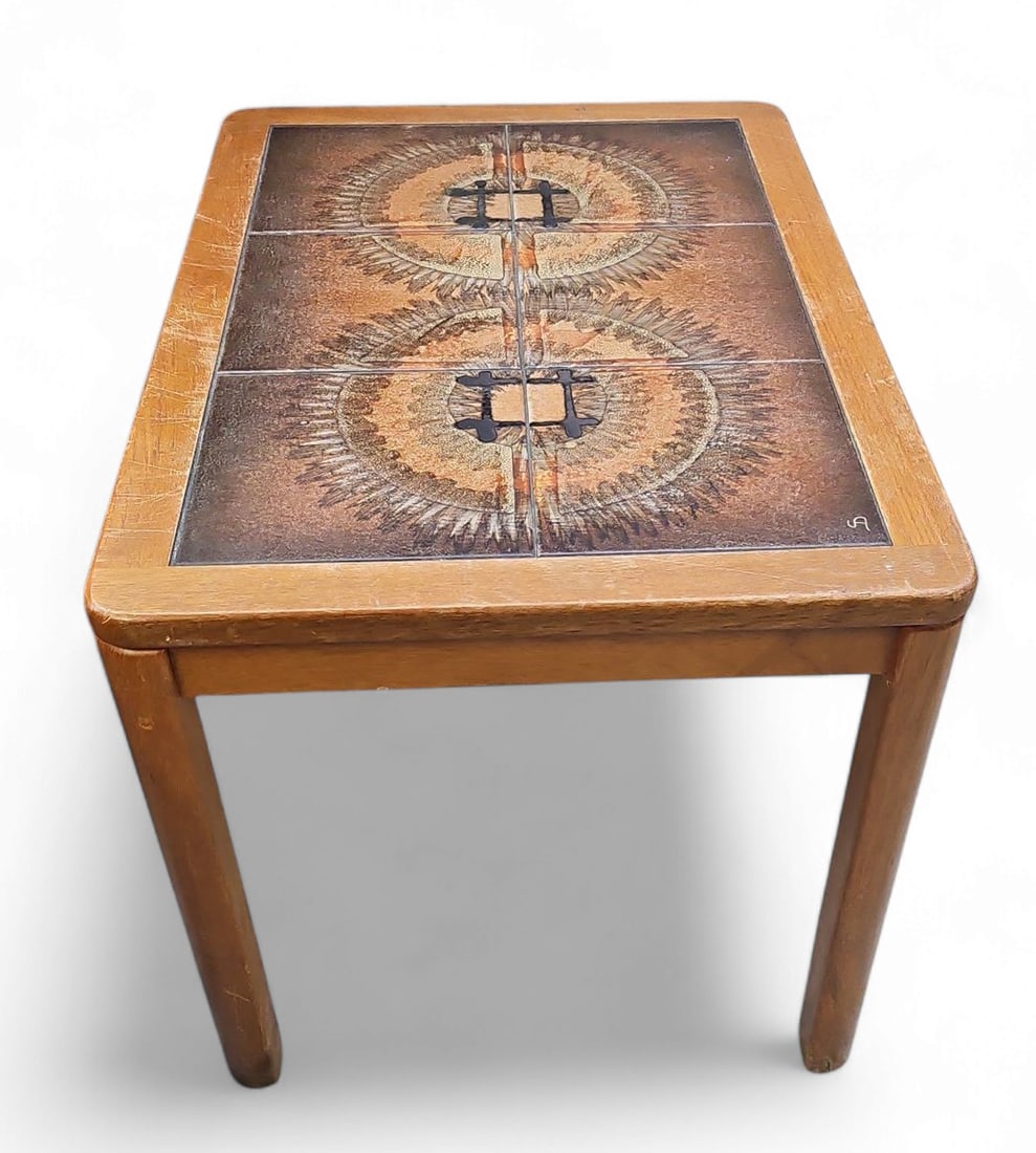 Johannes Anderson Mid-Century Tile Top Table.: This Mid-Century Modern Danish teak lamp or side table is signed on one of the ceramic tiles. The wood shows a lot of surface wear, and the whole thing is a bit wobbly. That said, the tiles are in nic