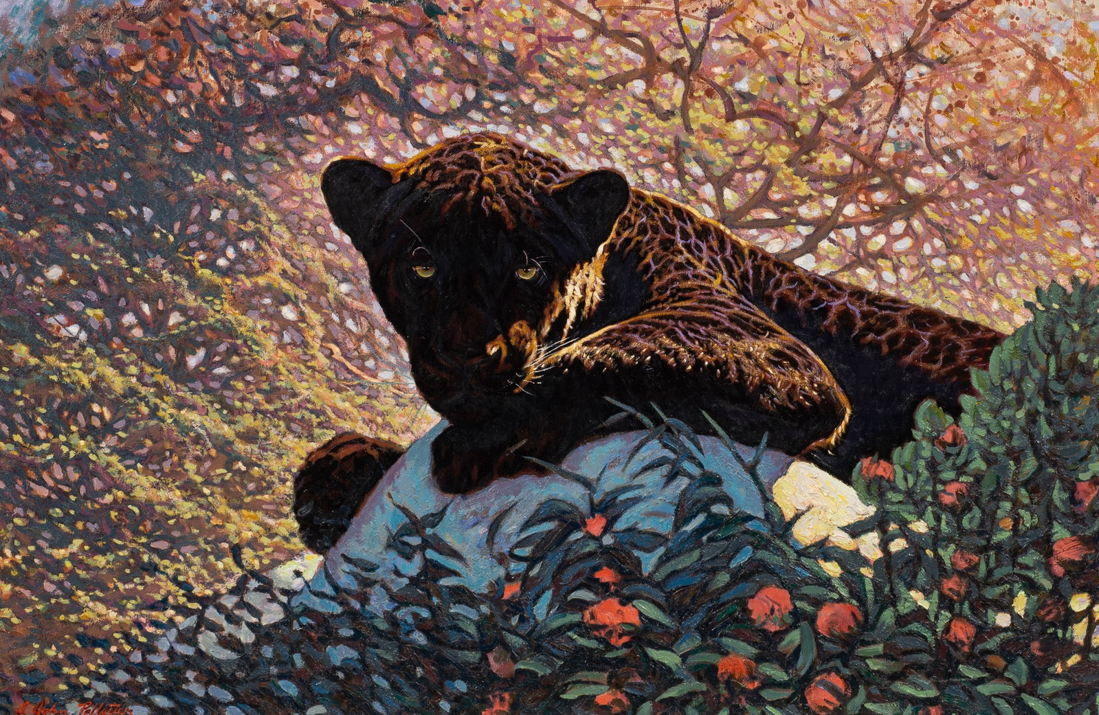 Painting of a Black Panther by A. John Pelletier.: Artist(s): A. John Pelletier (American, 20th Century) Medium: Oil on canvas. Signature(s): Signed lower left. Paperwork: Attached en verso is a label from Wally Findlay Galleries. Damage: Chips to the