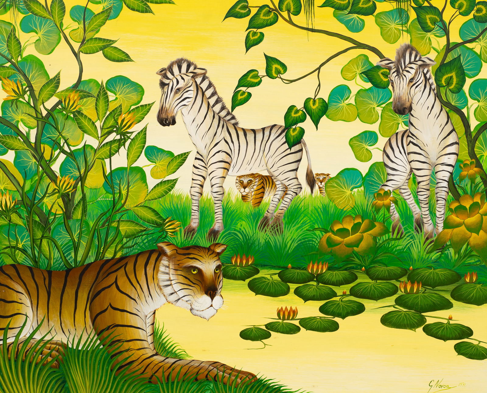 "Tiger Trail", Large Painting by Gustavo Novoa.: Artist(s): Gustavo Novoa (Chile, b. 1941) Medium: Acrylic on masonite. Signature(s): "G. Novoa, 1971" lower right, as well as an attributed plaque attached to the frame. Paperwork: Attached en verso i